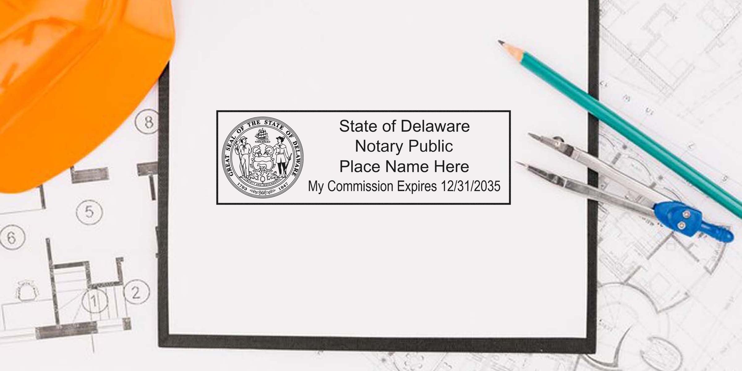 Delaware notary public stamp on blank document surrounded by construction blueprints, orange hard hat, teal pencil and metal compass — architecture and construction paperwork