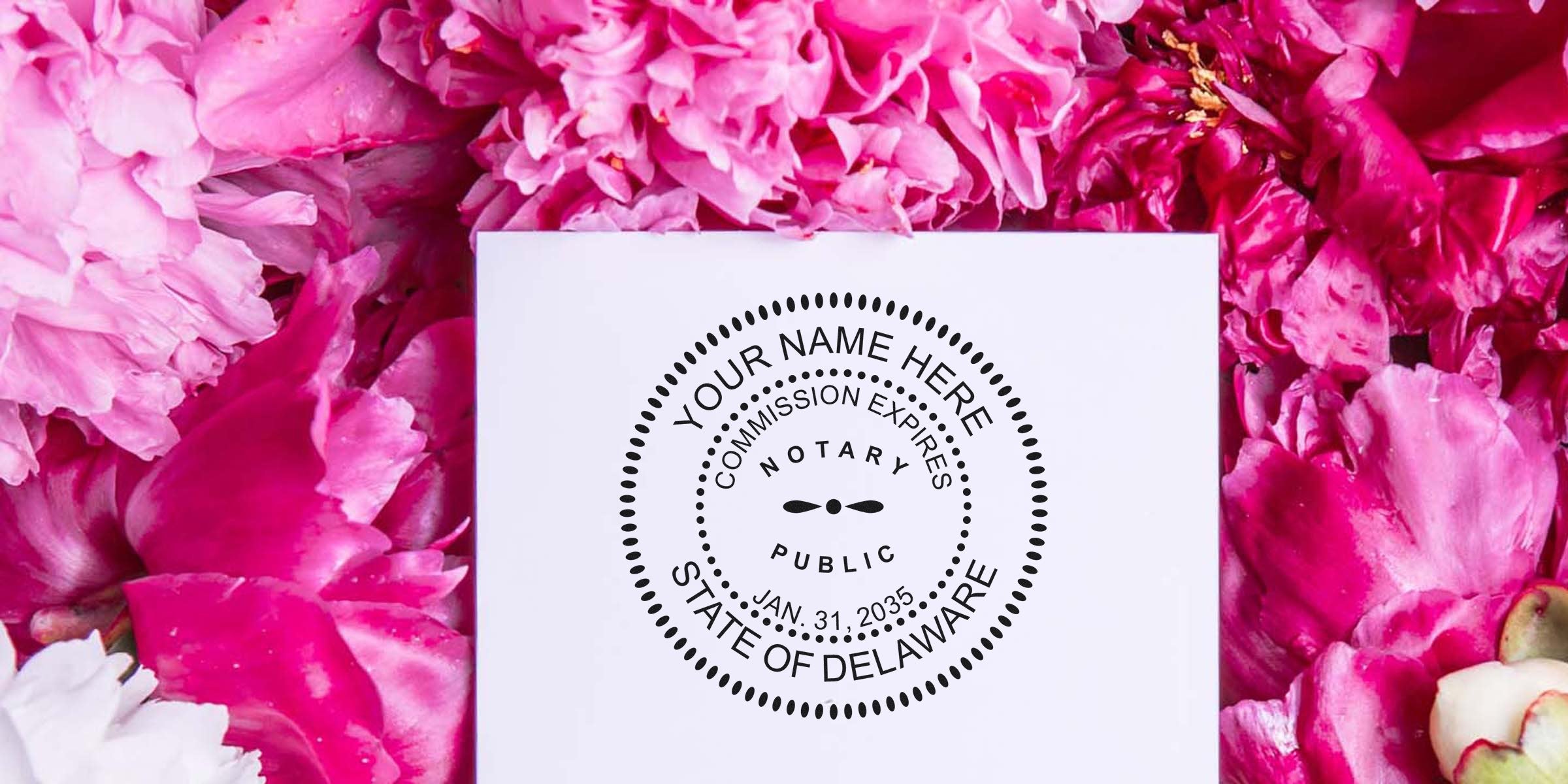 White card with a circular notary seal mockup reading "State of Delaware" and customizable name, surrounded by vibrant pink peony petals