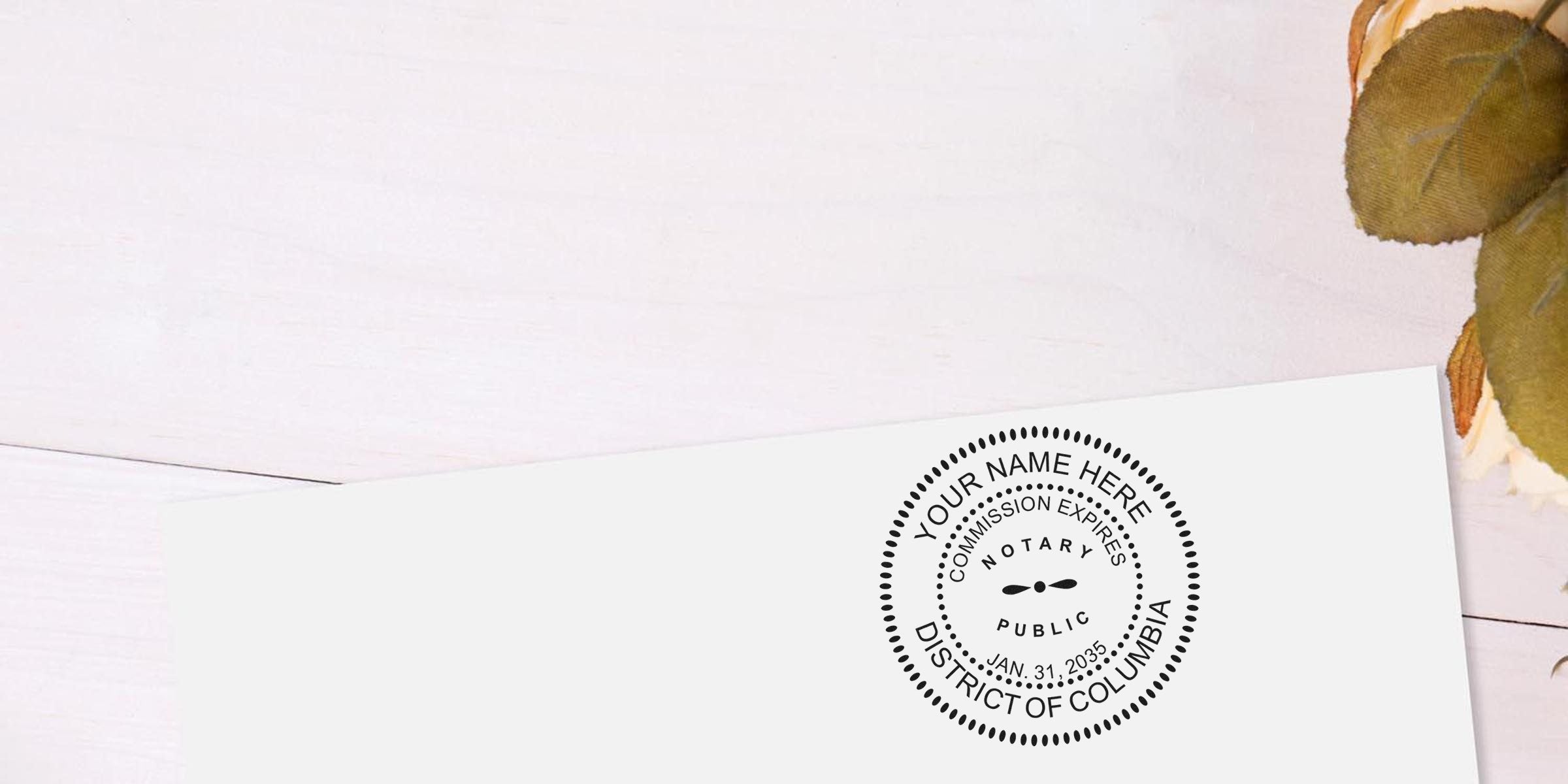 Notary public round stamp seal mockup on white envelope, District of Columbia notary stamp design on light wood desk with autumn leaves