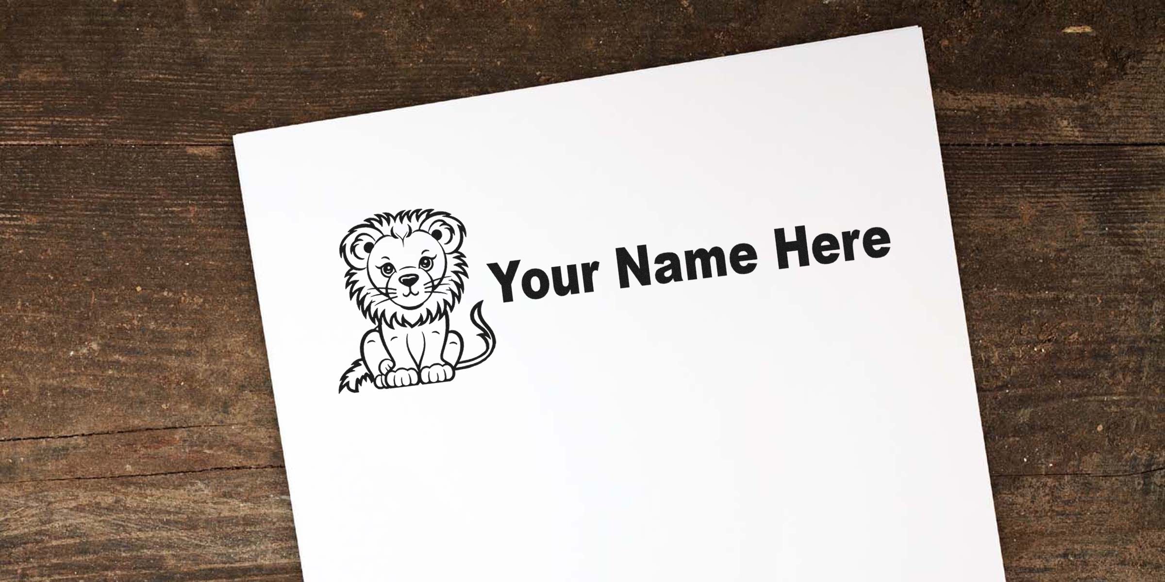 A white card with a cute lion illustration and the text “Your Name Here.”