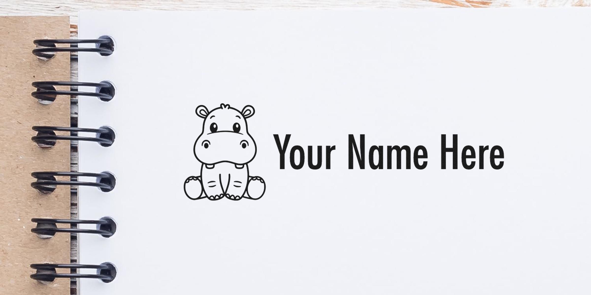 A cute hippo illustration next to the text “Your Name Here.”