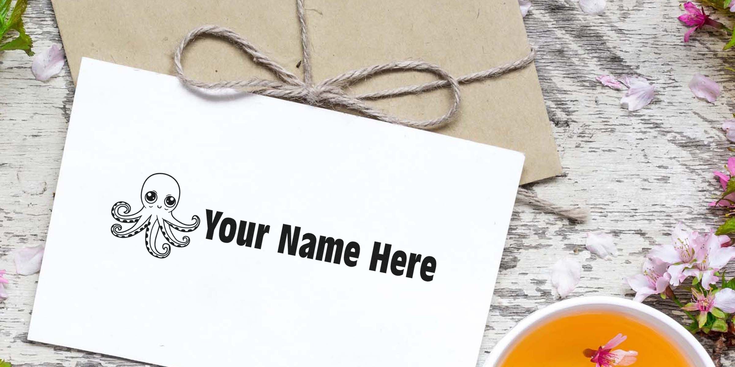Card with the text “Your Name Here” and a cute cartoon octopus on a rustic wooden surface.