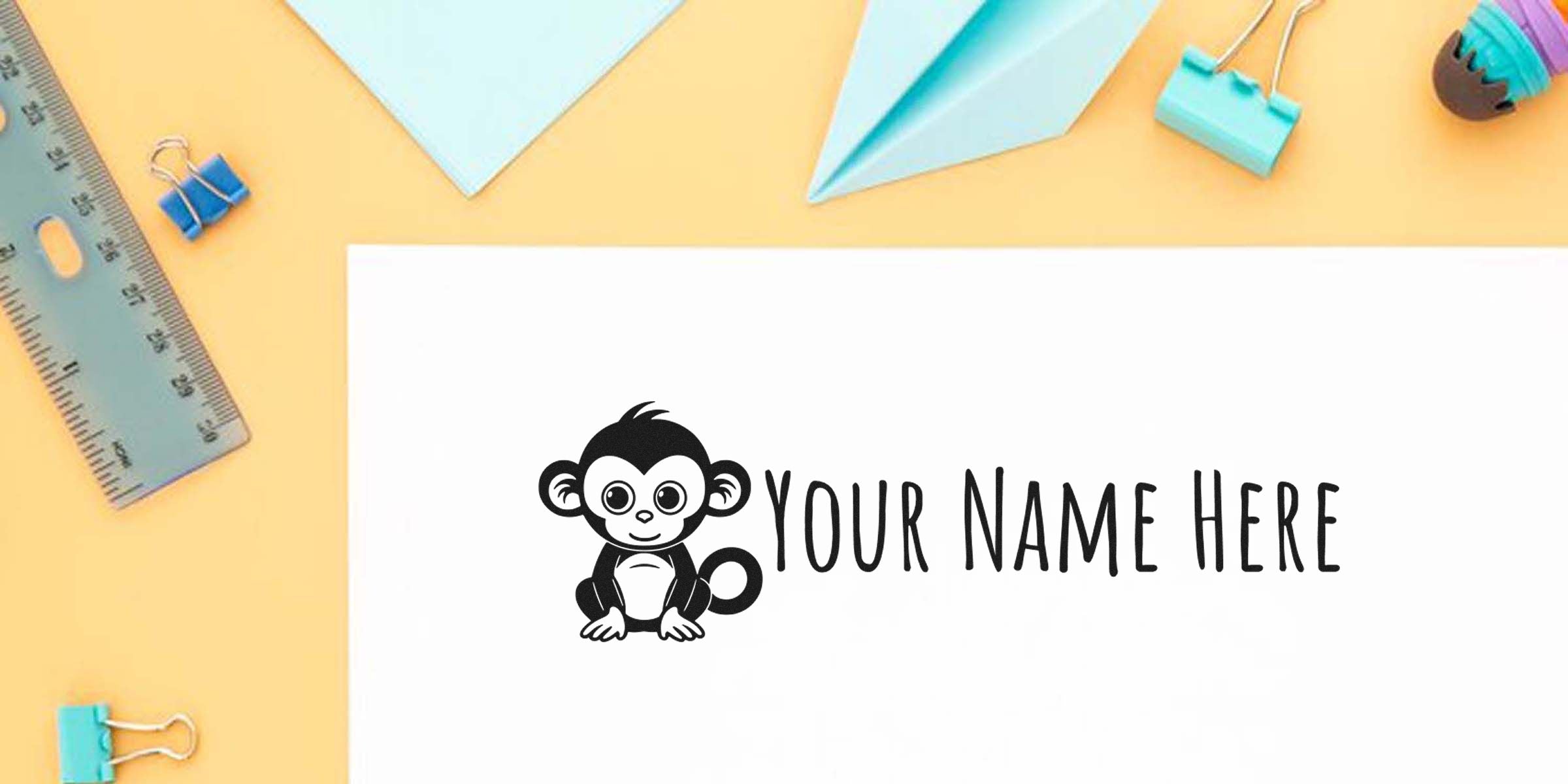 Playful monkey logo with the text “YOUR NAME HERE” on a white card.