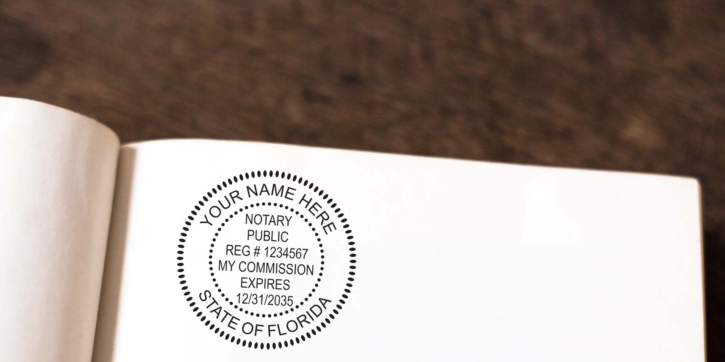 Close-up of a circular Notary Public stamp on an open book page reading "State of Florida," showing registration number and commission expiration—notary stamp image.