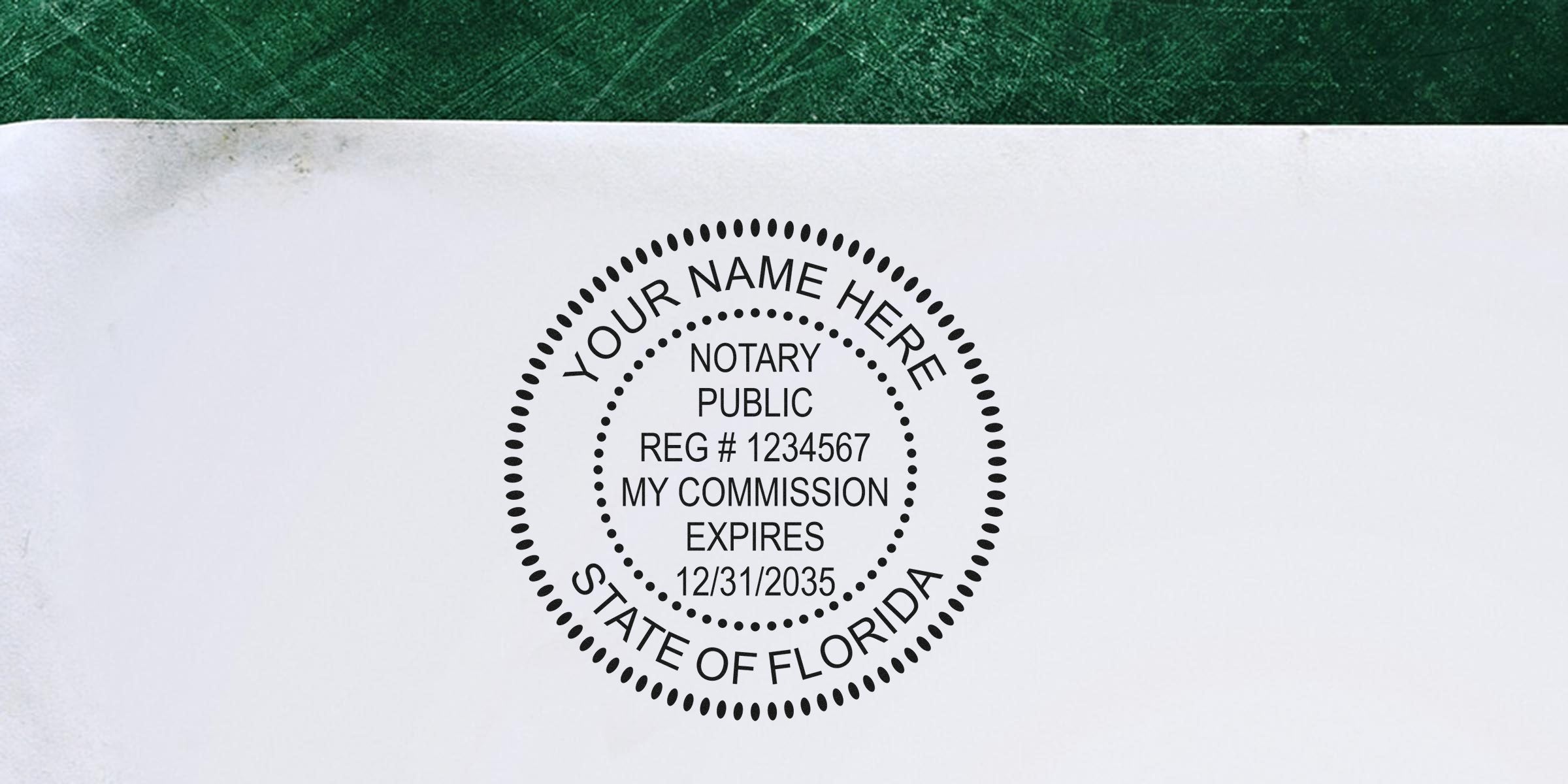 Round notary public seal stamp on white paper reading "Your Name Here", "Notary Public", reg #1234567, "My Commission Expires 12/31/2035", "State of Florida"