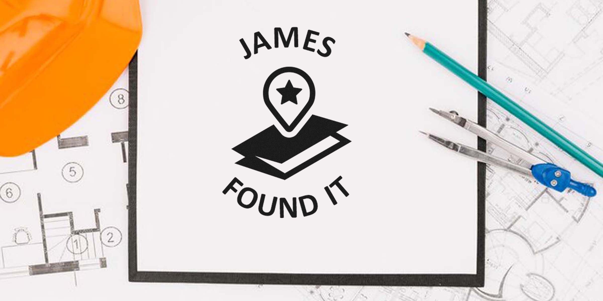 "James Found It" logo with a location pin over stacked papers on a white background.