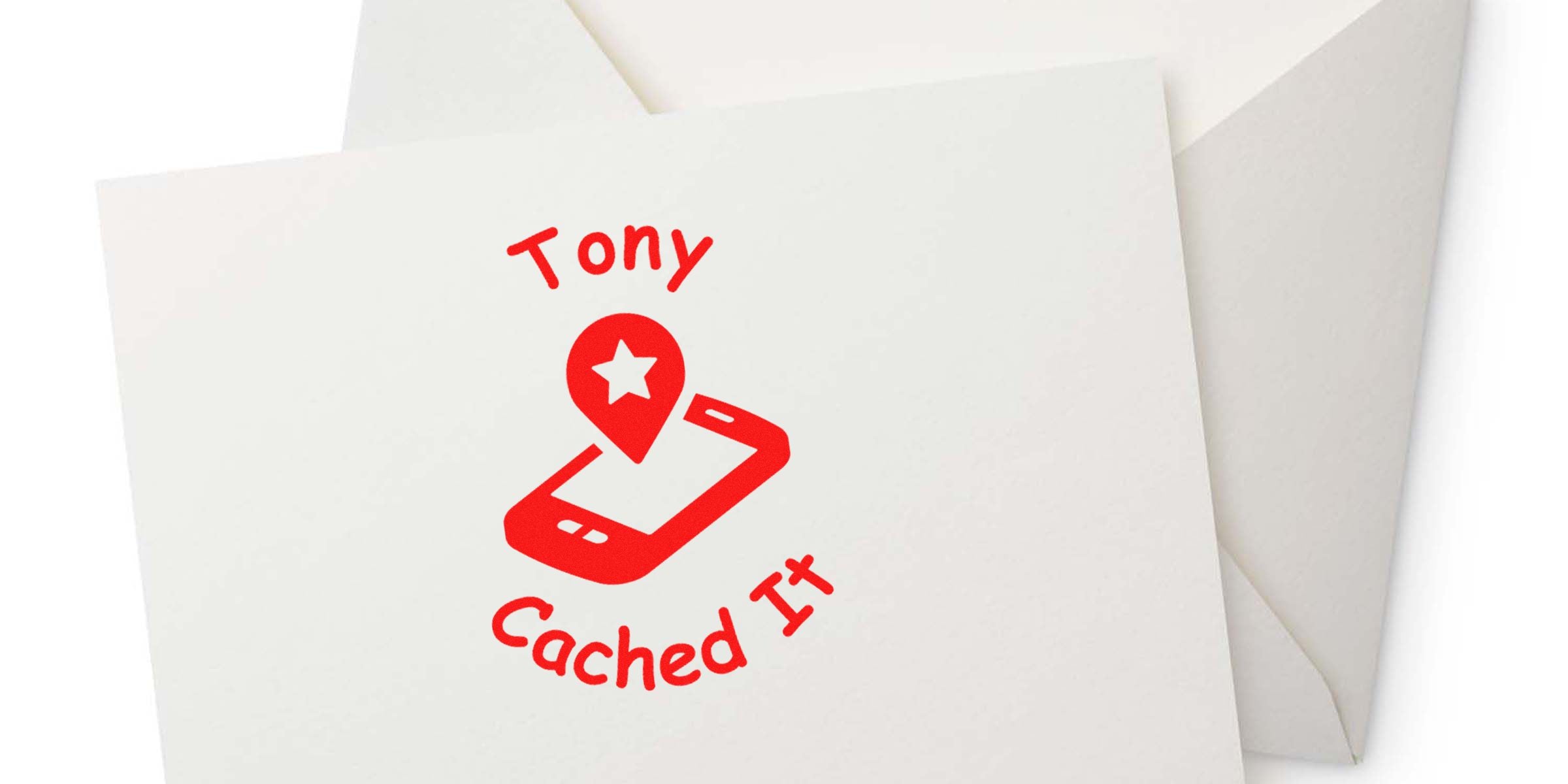 Logo in red reading “Tony Cached It” with a location pin over a stylized phone.