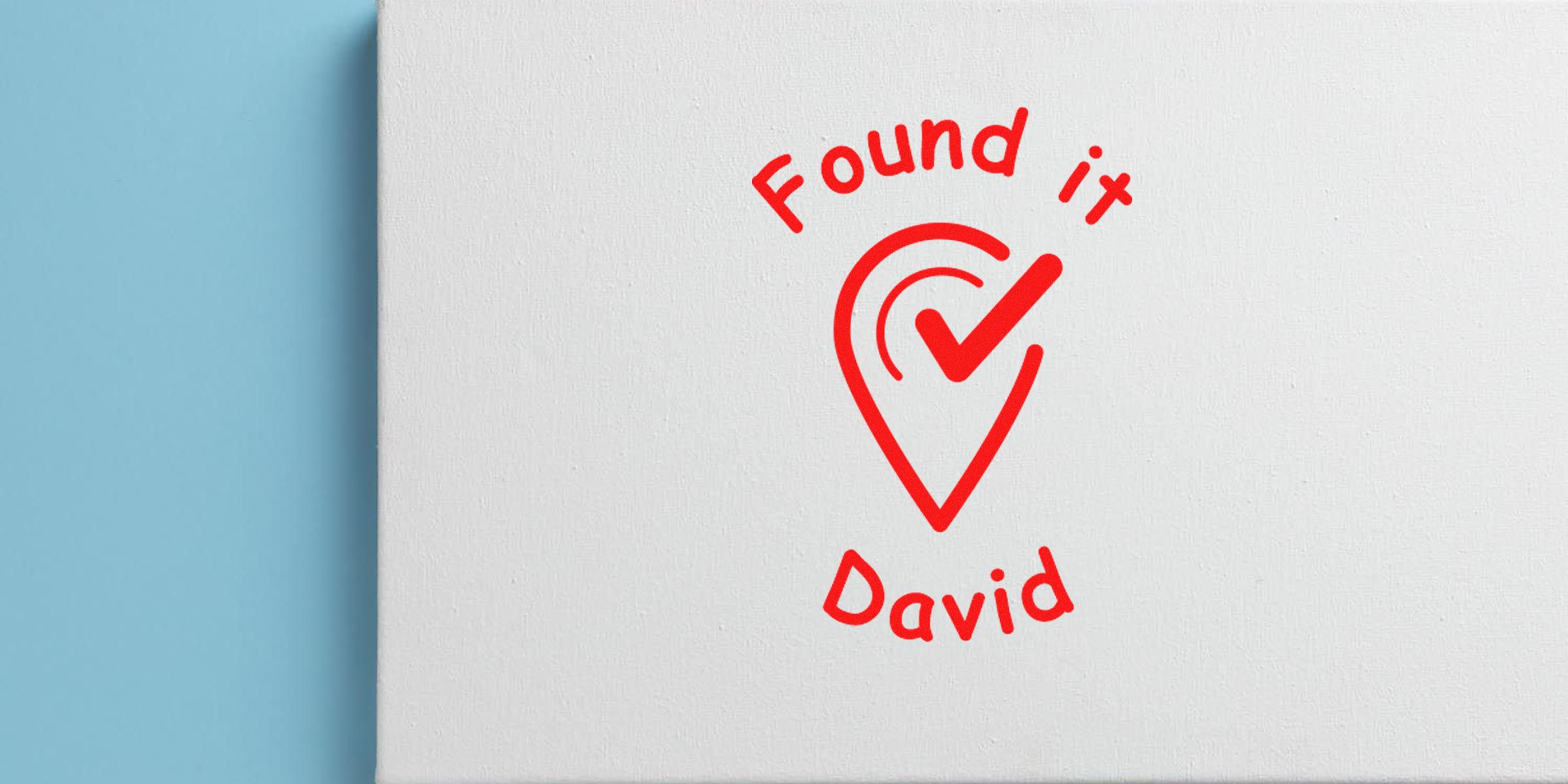 Red heart with a checkmark and the words “Found it” above and “David” below on a white background.