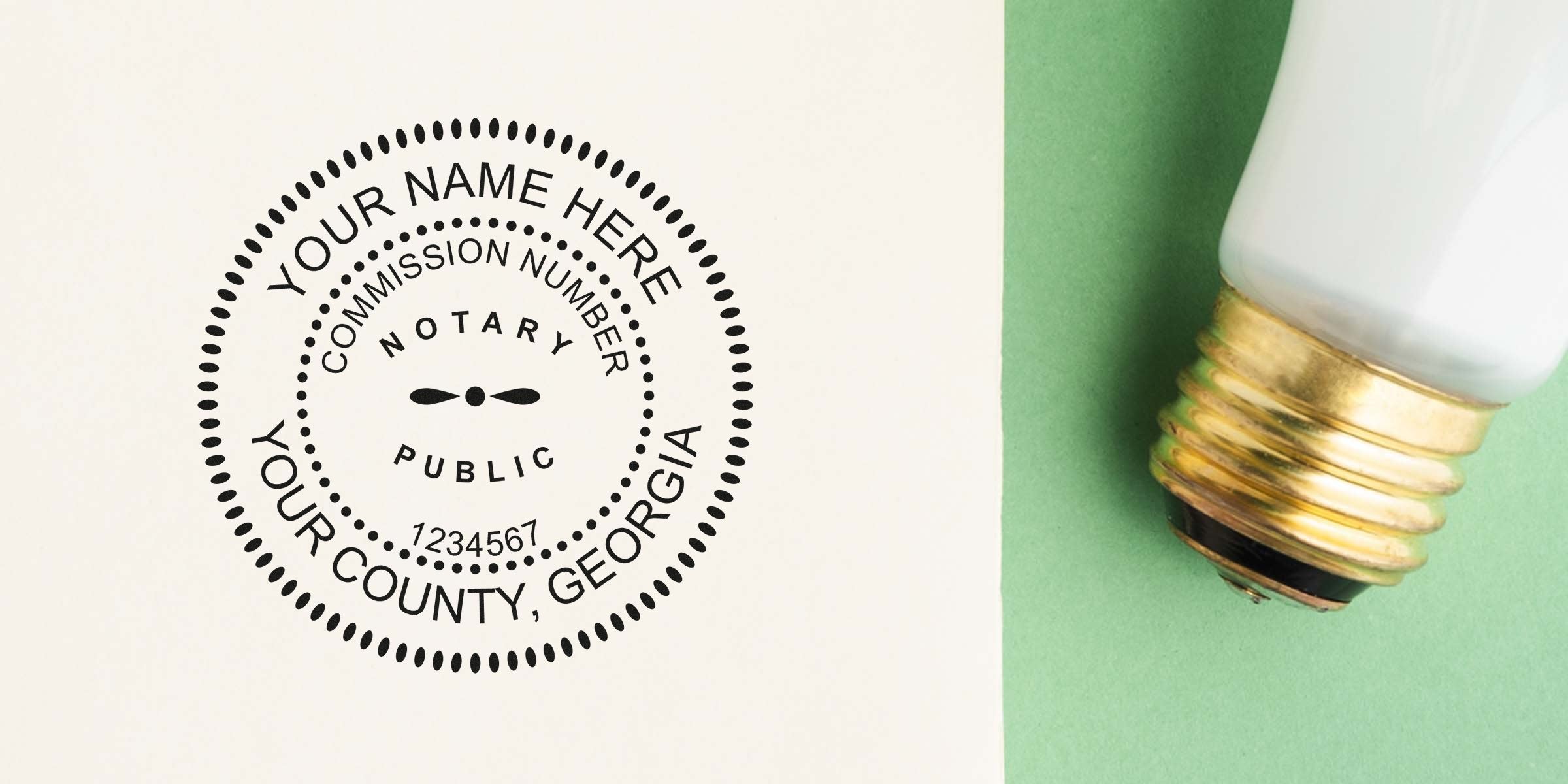 Round notary public seal stamp mockup reading "Your Name Here, Your County, Georgia, Commission Number 1234567" next to a light bulb on green background.