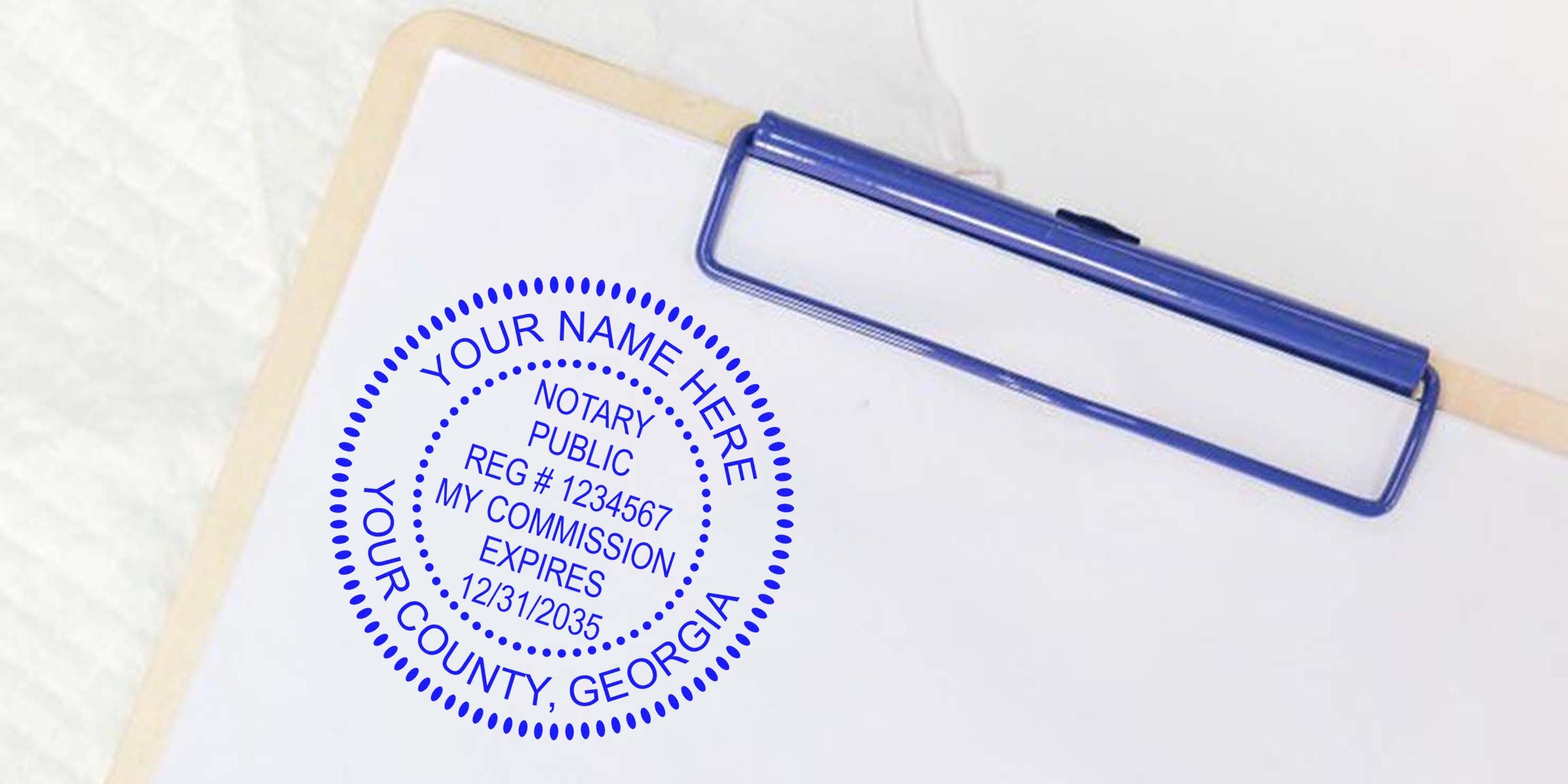 Blue circular notary public stamp mockup on white paper and clipboard with placeholder text for name, county, registration number and commission expiration date