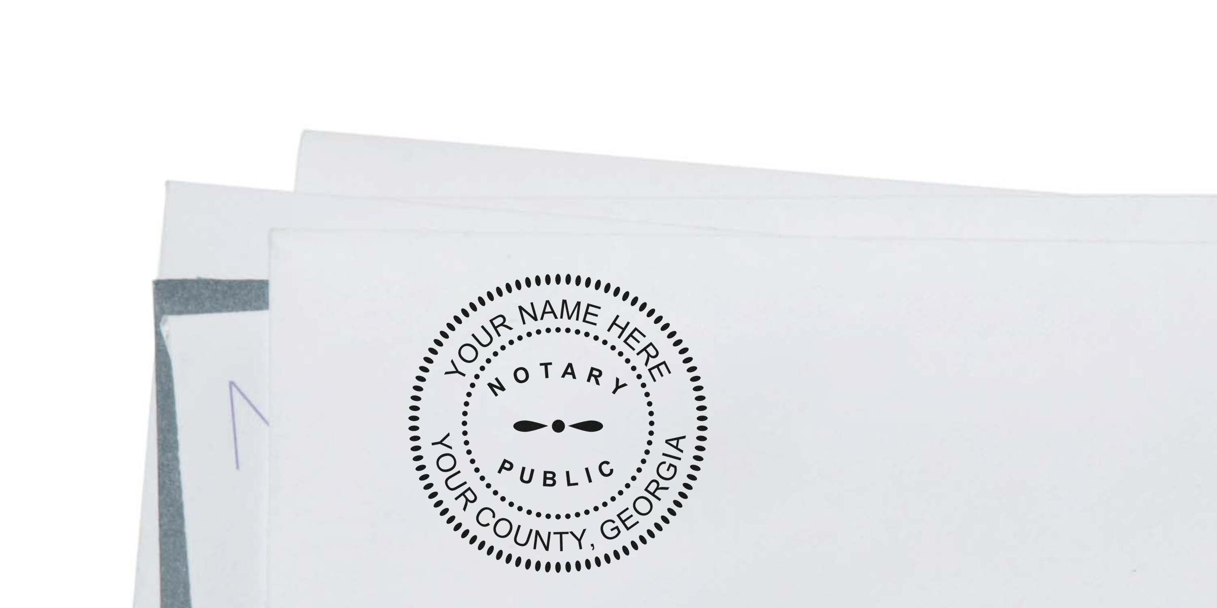Notary public round stamp mockup on white envelopes reading "Your Name Here, Your County, Georgia" for official document sealing and branding