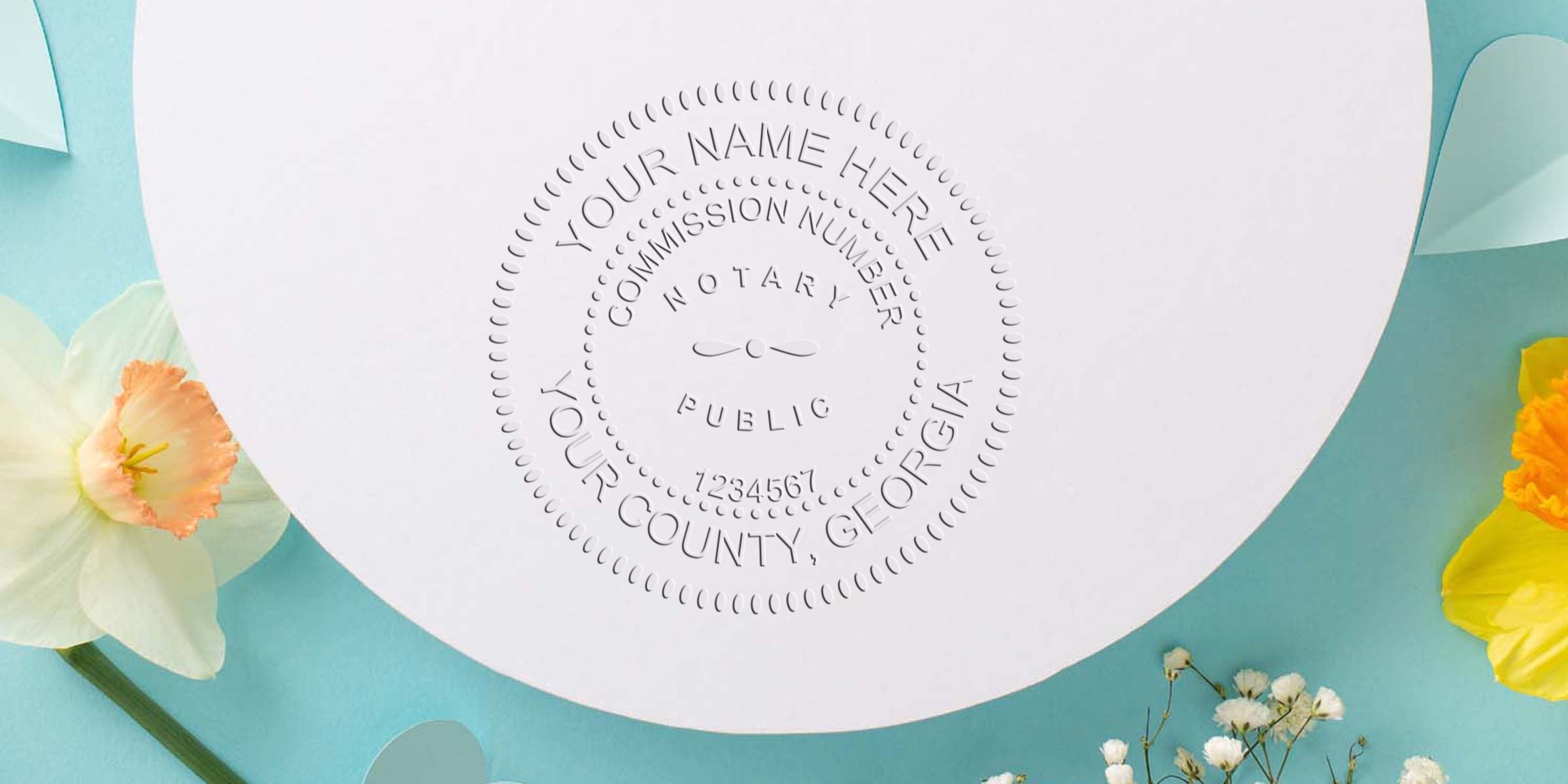 Embossed circular notary public seal on white paper with customizable name, commission number and county, flat-lay styled with daffodils and baby's breath on teal background — stationery, notary seal, spring floral accents