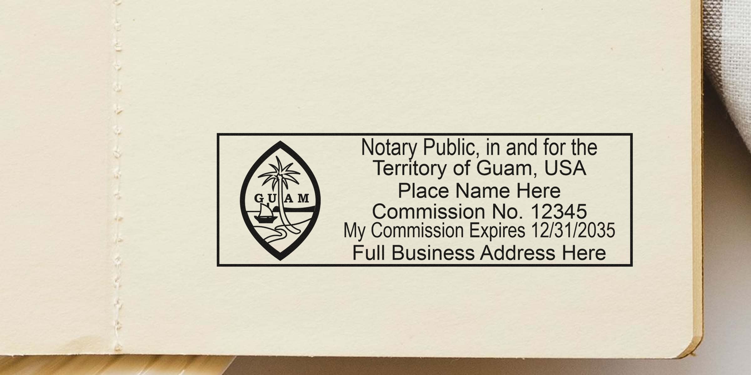 Notary public stamp for the Territory of Guam with island emblem, placeholder name, commission No. 12345, commission expires 12/31/2035 and space for full business address on cream paper.