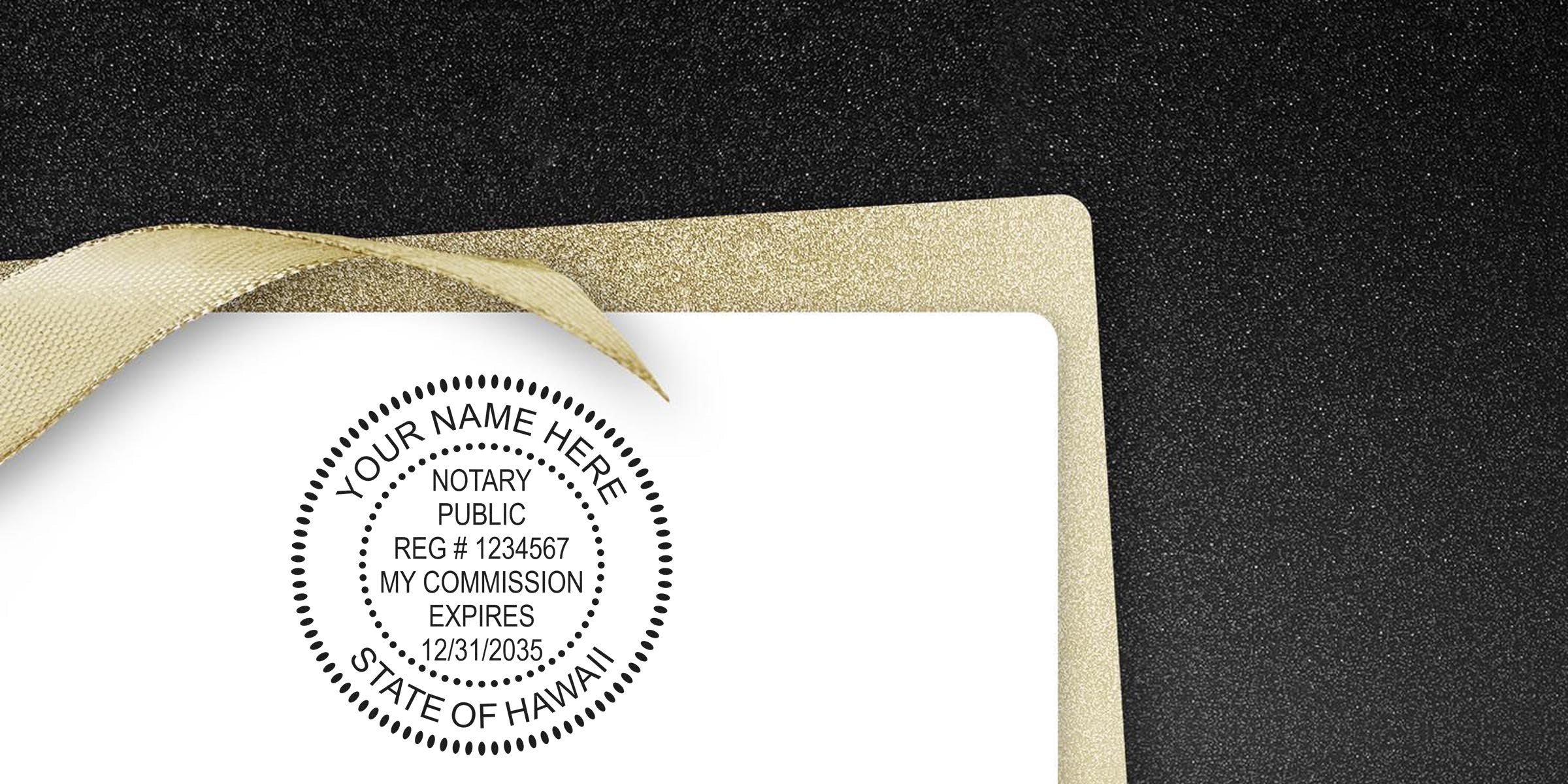 Gold ribbon over stacked gold and white cards featuring a circular State of Hawaii notary public seal mockup reading "Your Name Here" with registration and commission expiration details on a black glitter background