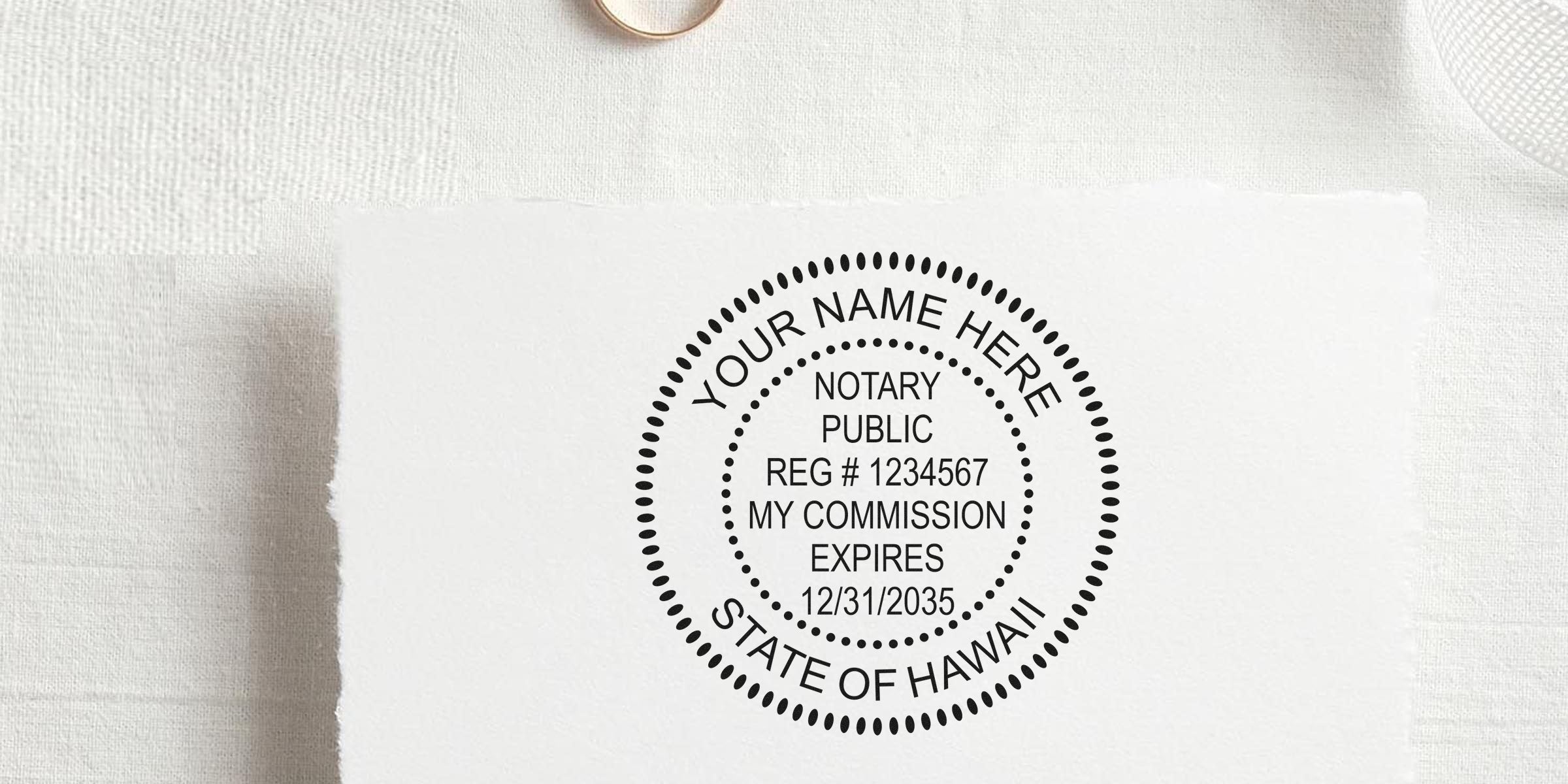 Circular notary stamp mockup on textured white paper, dotted border with placeholder "Your Name Here", "Notary Public", Reg #1234567, commission expires 12/31/2035, State of Hawaii