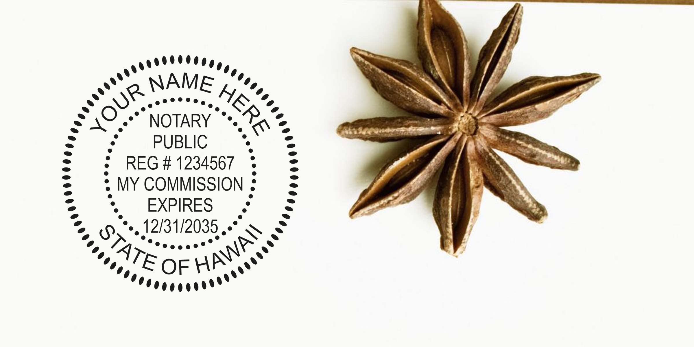 Hawaii notary public stamp mockup reading "Your Name Here" with registration and expiration details beside a brown star anise spice on white background