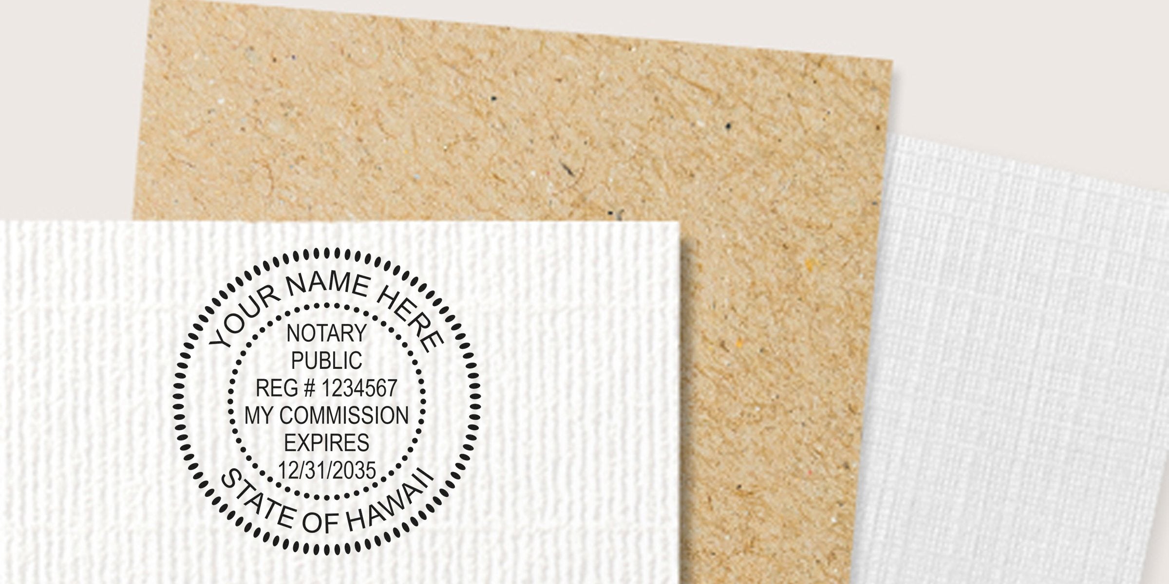 Mockup of a round notary public stamp seal on textured paper reading "Your Name Here," registration number, commission expiration date and "State of Hawaii" — notary stamp mockup for Hawaii notary services and documents