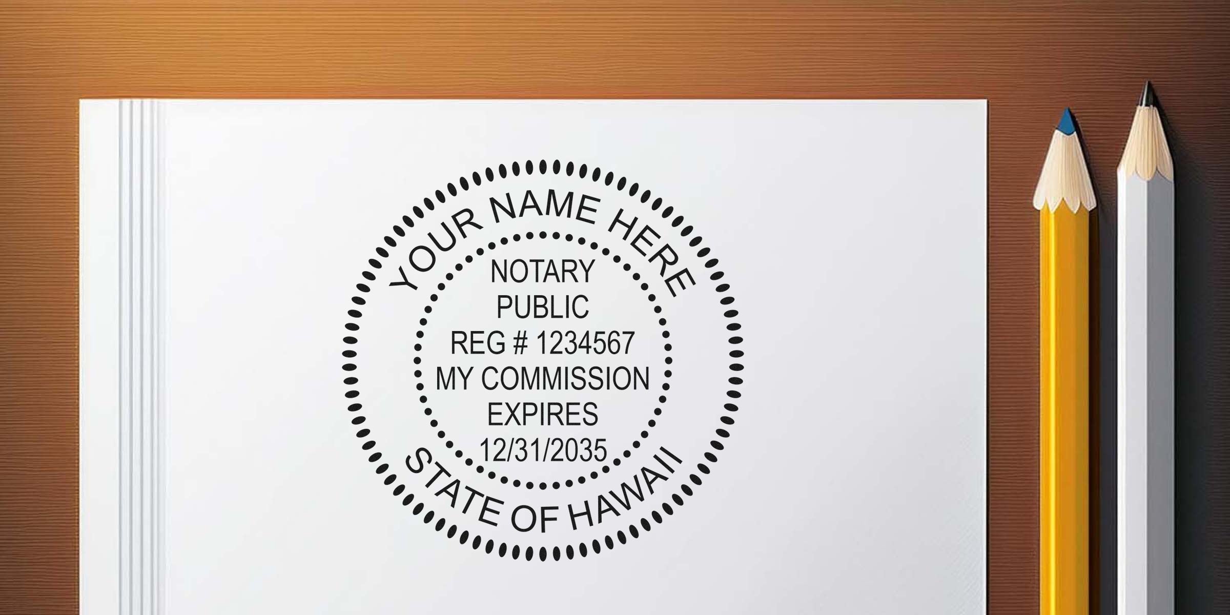 Round notary public stamp design on white paper with placeholder "Your Name Here", registration number and commission expiration, labeled "State of Hawaii", beside two pencils on a wooden desk.