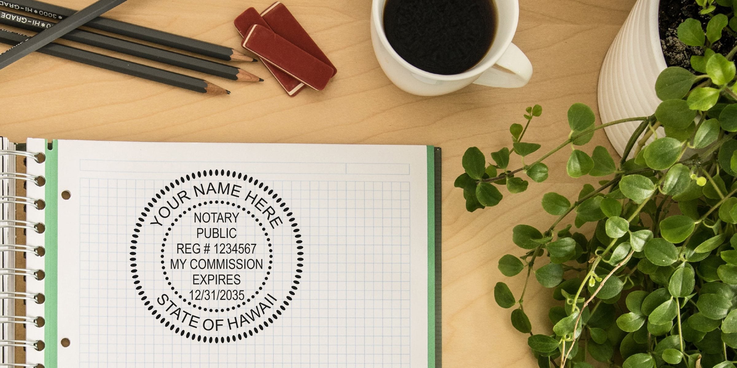 Notary stamp mockup on graph paper notebook on wooden desk, surrounded by pencils, erasers, coffee cup and potted green plant — workspace flatlay for notary public, legal stamp, office stationery and productivity concept