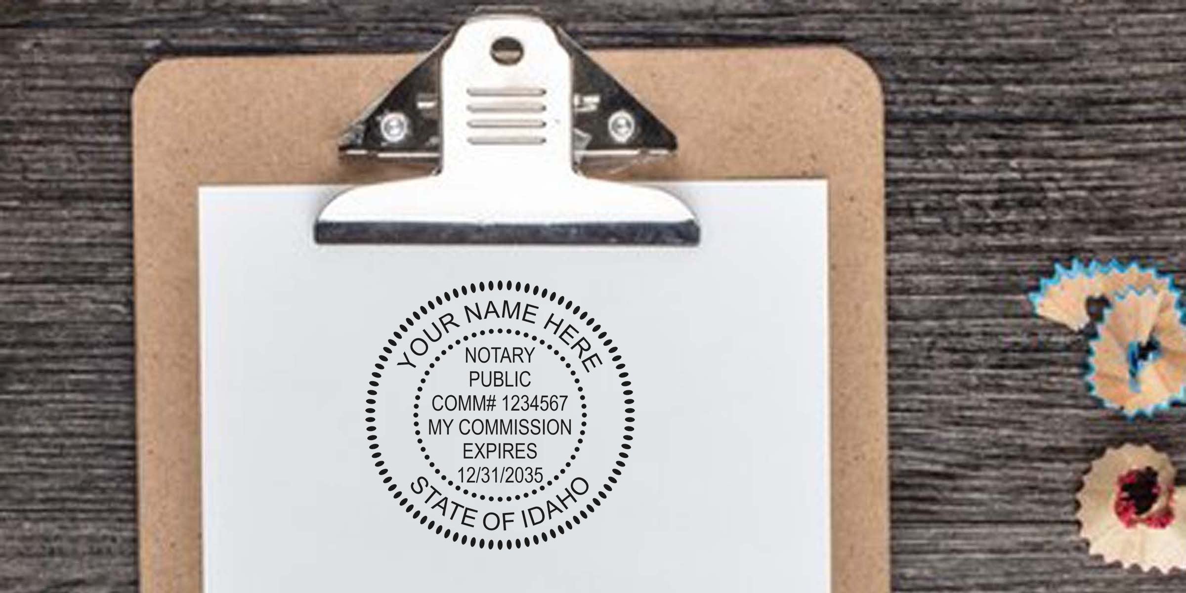 Clipboard with white paper bearing a circular Notary Public seal for the State of Idaho on a kraft clipboard over a wood surface with colorful pencil shavings