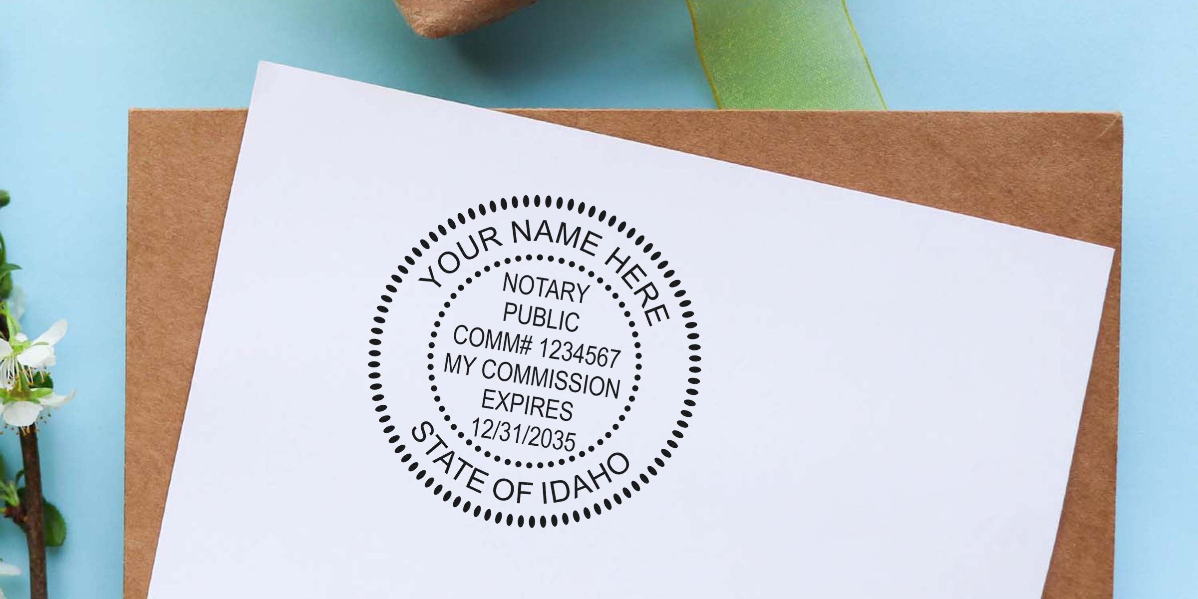 Mockup of round black notary public stamp on white paper over a kraft envelope, customizable "Your Name Here" with commission number and expiration date, labeled "State of Idaho" — ideal for notary stamp, notary services, legal document branding.