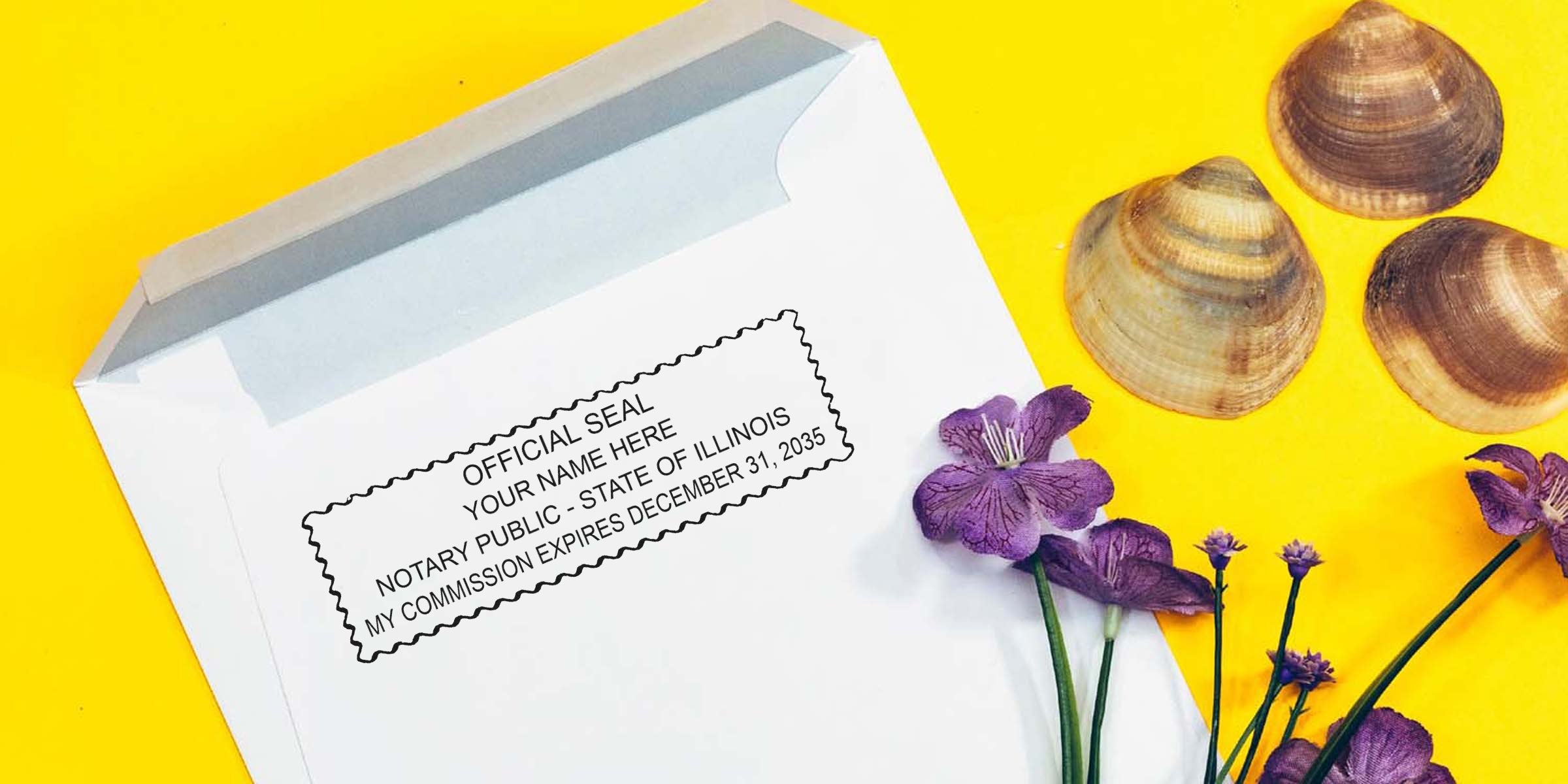 White envelope with printed notary seal stamp, purple flowers and three seashells on bright yellow background, flat lay composition