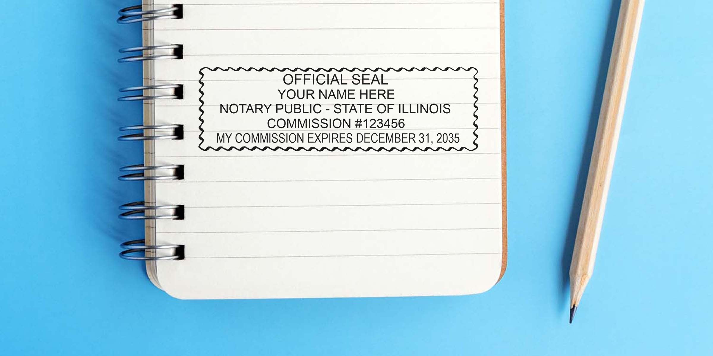 Notary seal mockup stamped on a lined spiral notebook reading "Notary Public - State of Illinois" beside a wooden pencil on a blue background