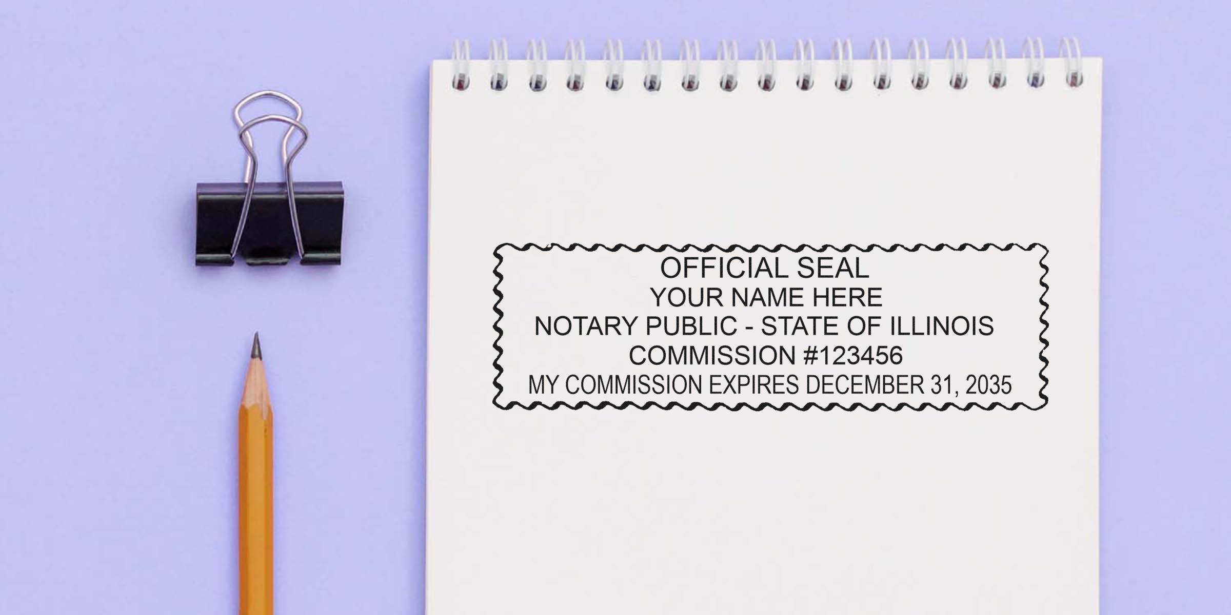 Flatlay of spiral notepad showing an official notary public seal template (State of Illinois) on white paper, yellow pencil and black binder clip on lavender background