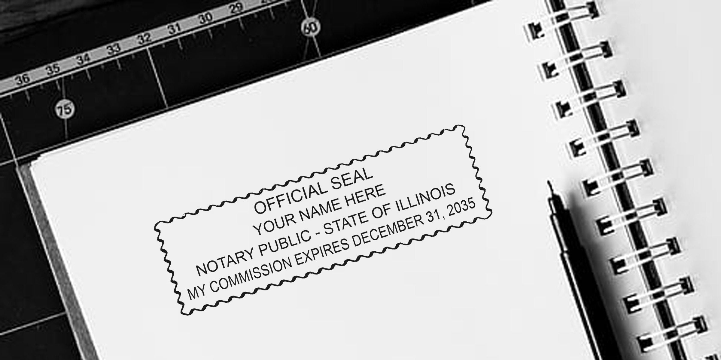 Black-and-white mockup of an official notary seal stamp reading "OFFICIAL SEAL YOUR NAME HERE NOTARY PUBLIC - STATE OF ILLINOIS MY COMMISSION EXPIRES DECEMBER 31, 2035" printed on paper beside a spiral notebook and pen