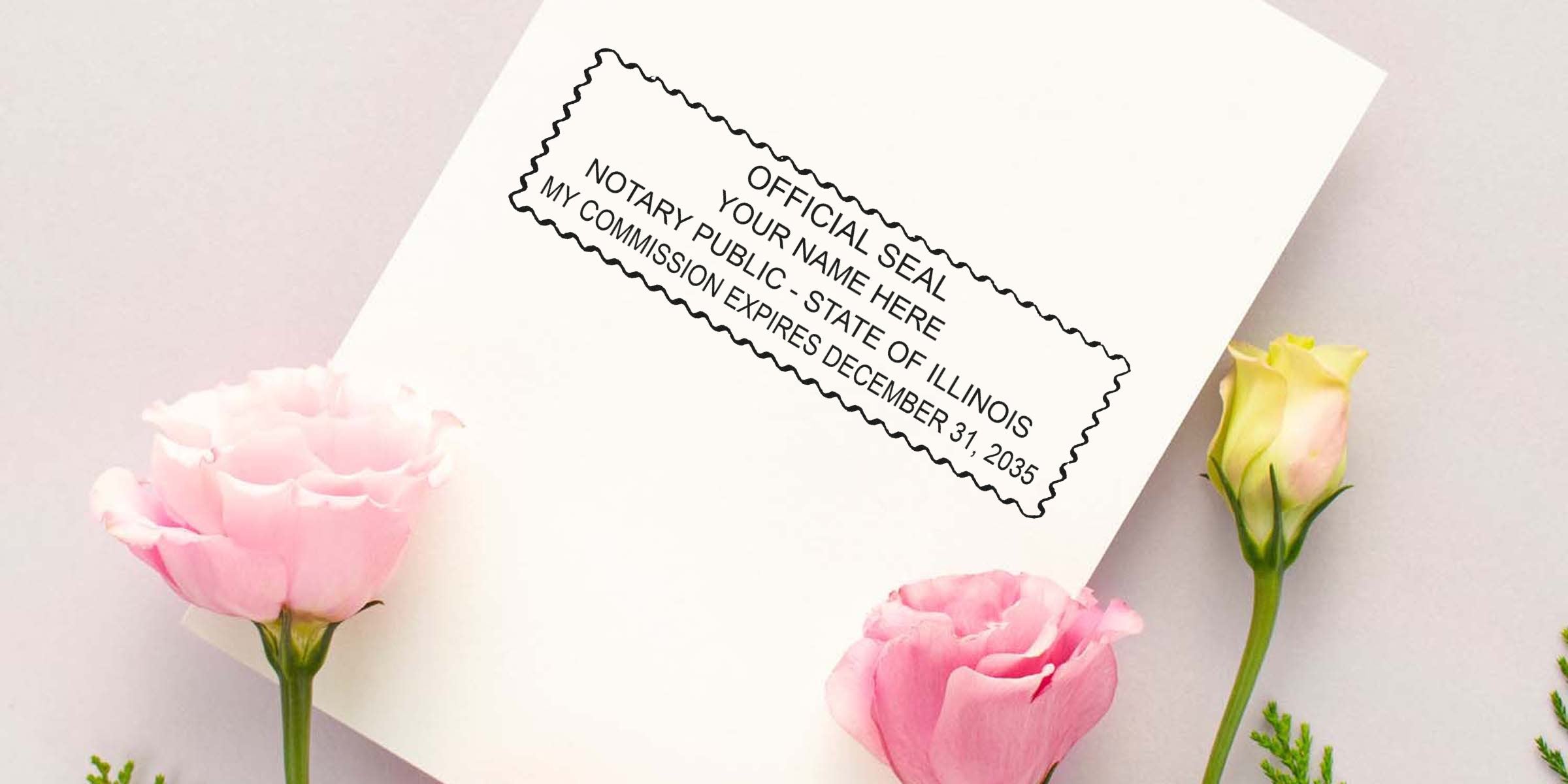 White envelope with rectangular notary seal stamp mockup reading "Official Seal... Notary Public - State of Illinois," surrounded by pink and pale-yellow roses on a light background, styled for wedding stationery or invitation imagery.