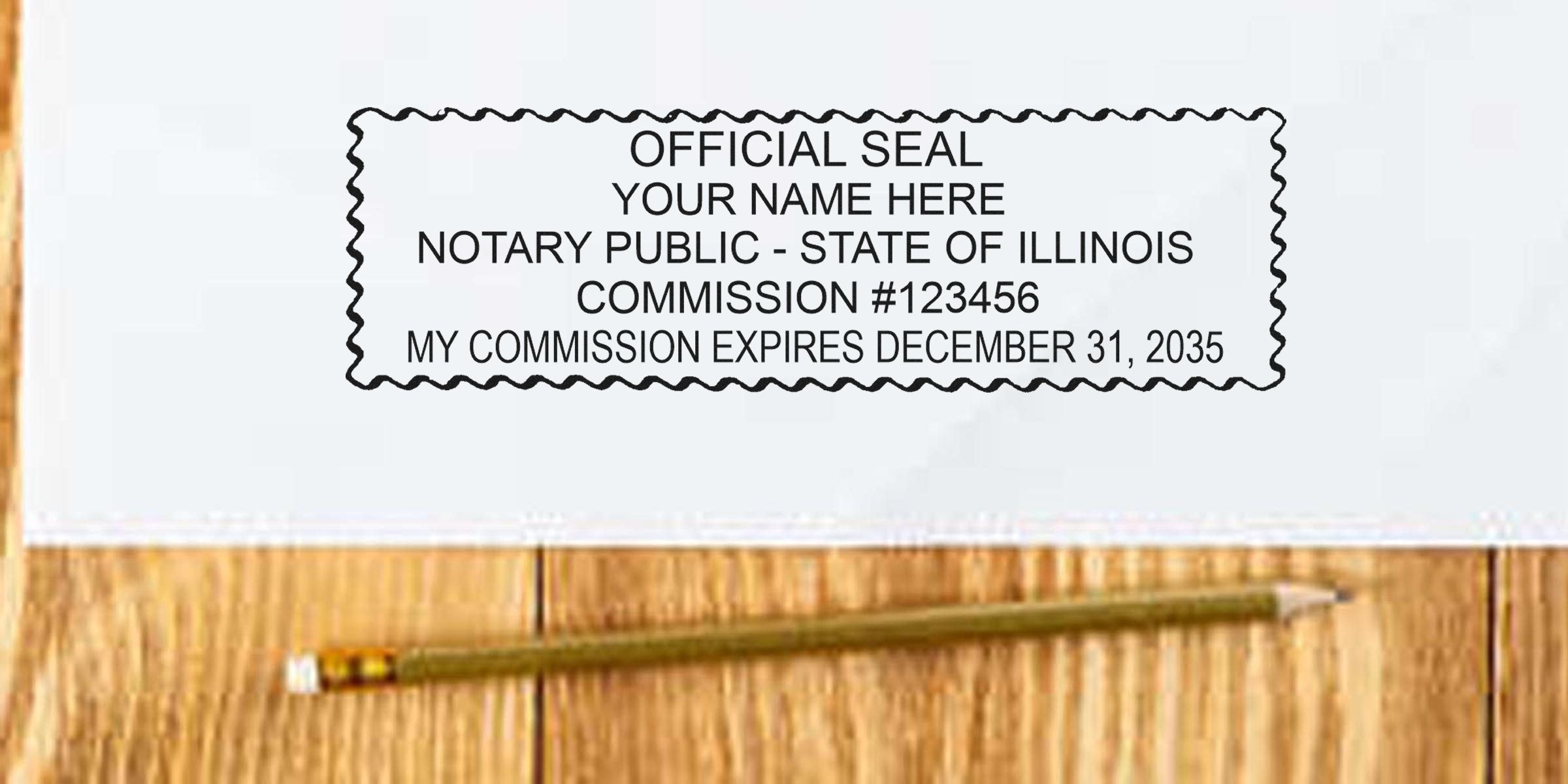 Rectangular notary public official seal imprint on white paper reading "Notary Public - State of Illinois, Commission #123456, My commission expires December 31, 2035" beside a pencil on a wooden desk