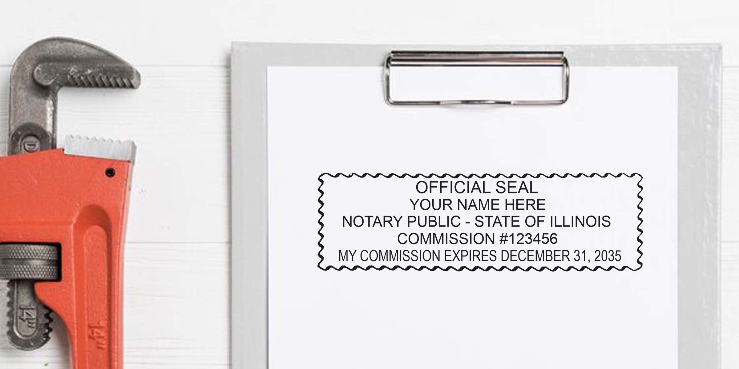 Notary public official seal stamp mockup on clipboard paper reading "Official Seal, Your Name Here, Notary Public - State of Illinois," styled with scalloped border beside a red pipe wrench on a white wood surface