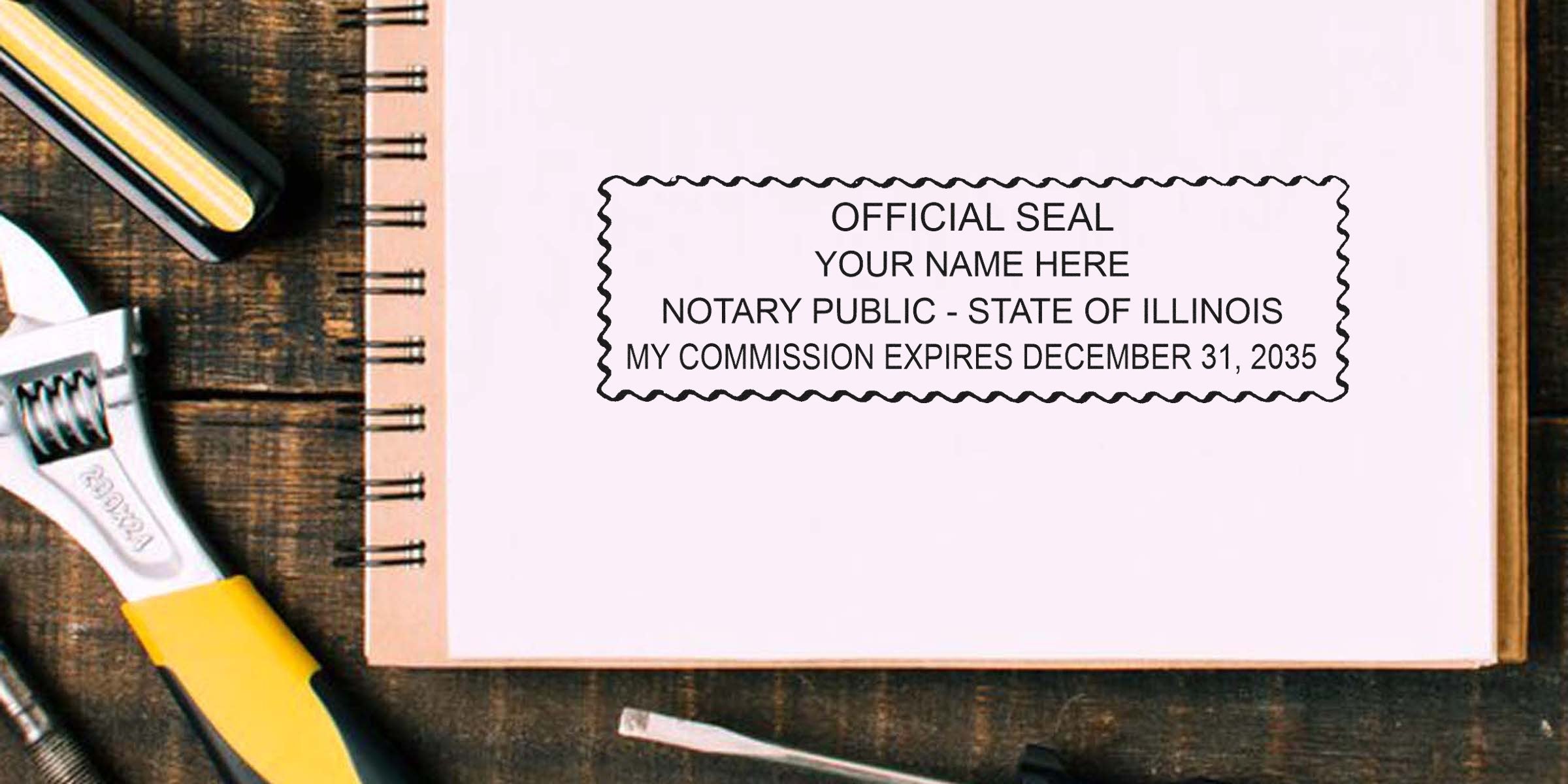 Top-down photo of a spiral notebook page stamped with a rectangular notary public seal reading "Official Seal, Notary Public - State of Illinois," surrounded by hand tools on a wooden workbench.