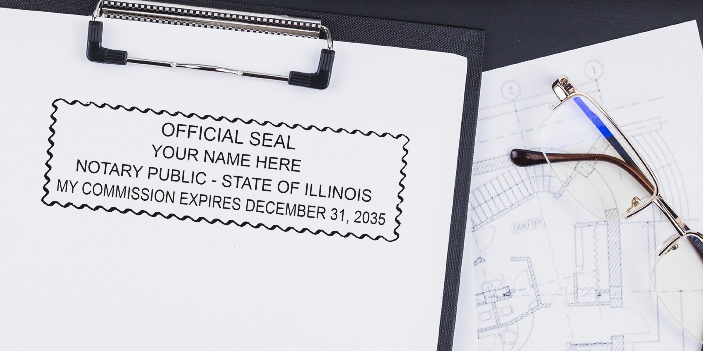 Clipboard with printed notary seal reading "Notary Public - State of Illinois" beside eyeglasses and architectural blueprint, official document concept
