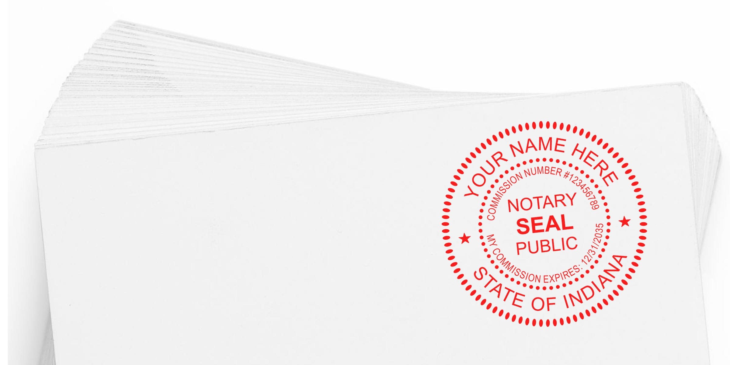 Red circular notary public seal stamp reading "Notary Seal Public" and "State of Indiana" with space for name and commission number, printed on stacked white envelopes