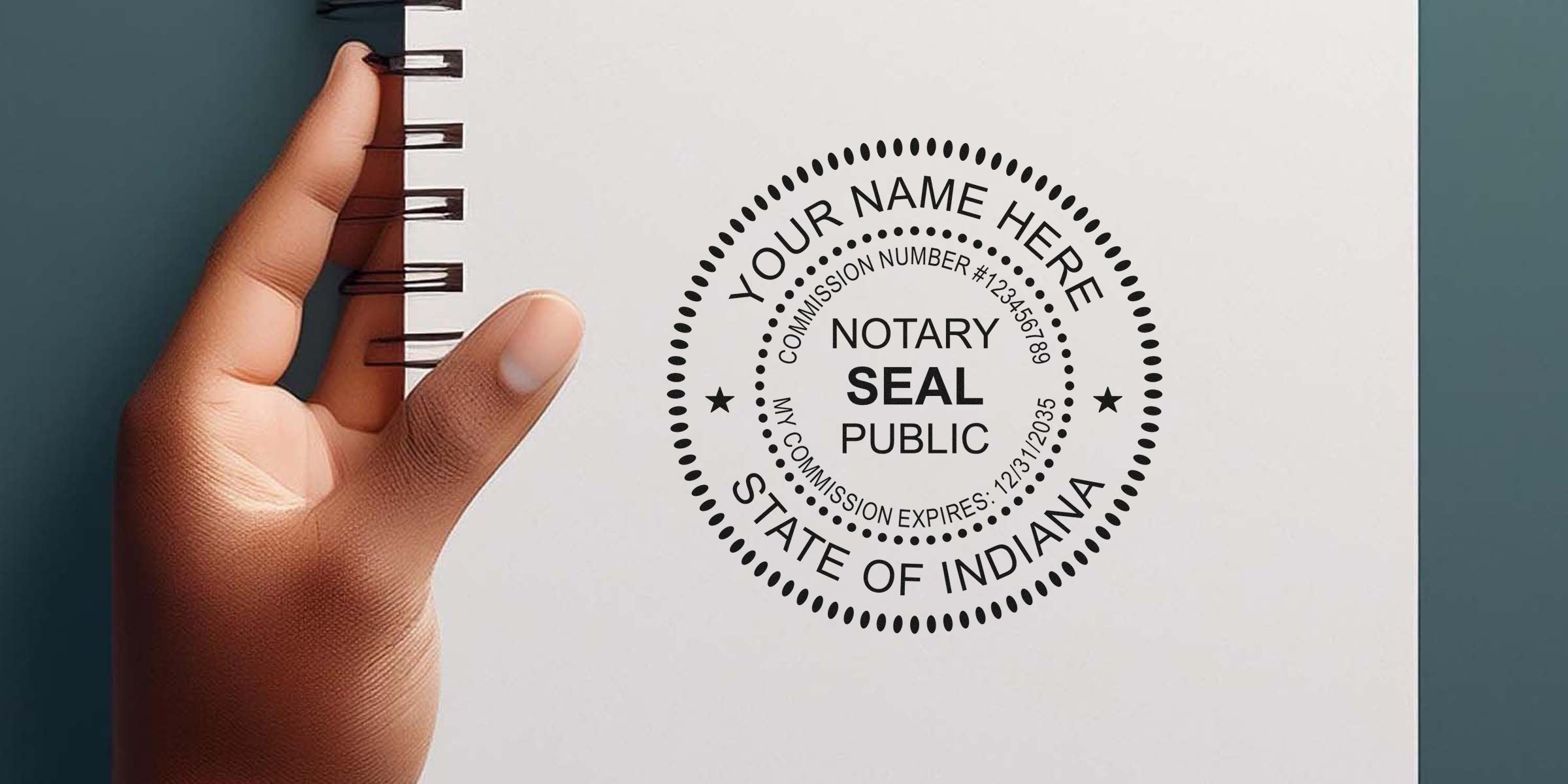 Hand holding a spiral notebook showing a black circular notary public seal design reading "Notary Seal Public, State of Indiana" with placeholder name and commission details.