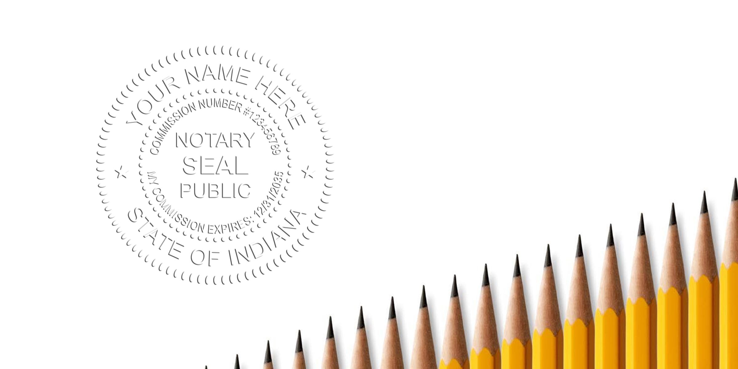 Notary seal embossed "State of Indiana" on white background with ascending row of sharpened yellow pencils along the bottom right, office stationery concept for document signing, notary services, or legal paperwork visuals.