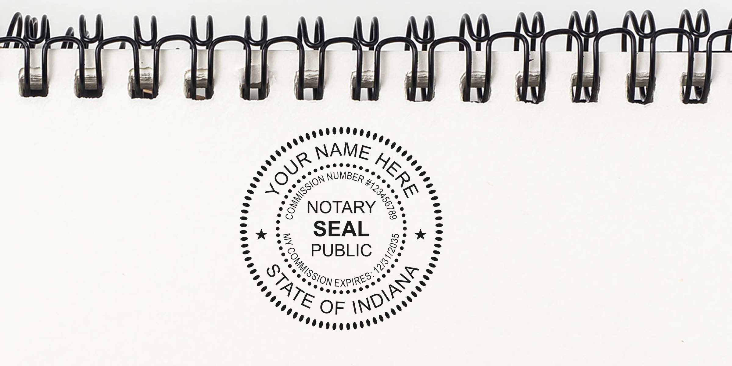 Black notary seal stamp reading "Notary Seal Public — State of Indiana" printed on a white spiral-bound notebook page with circular dotted design.