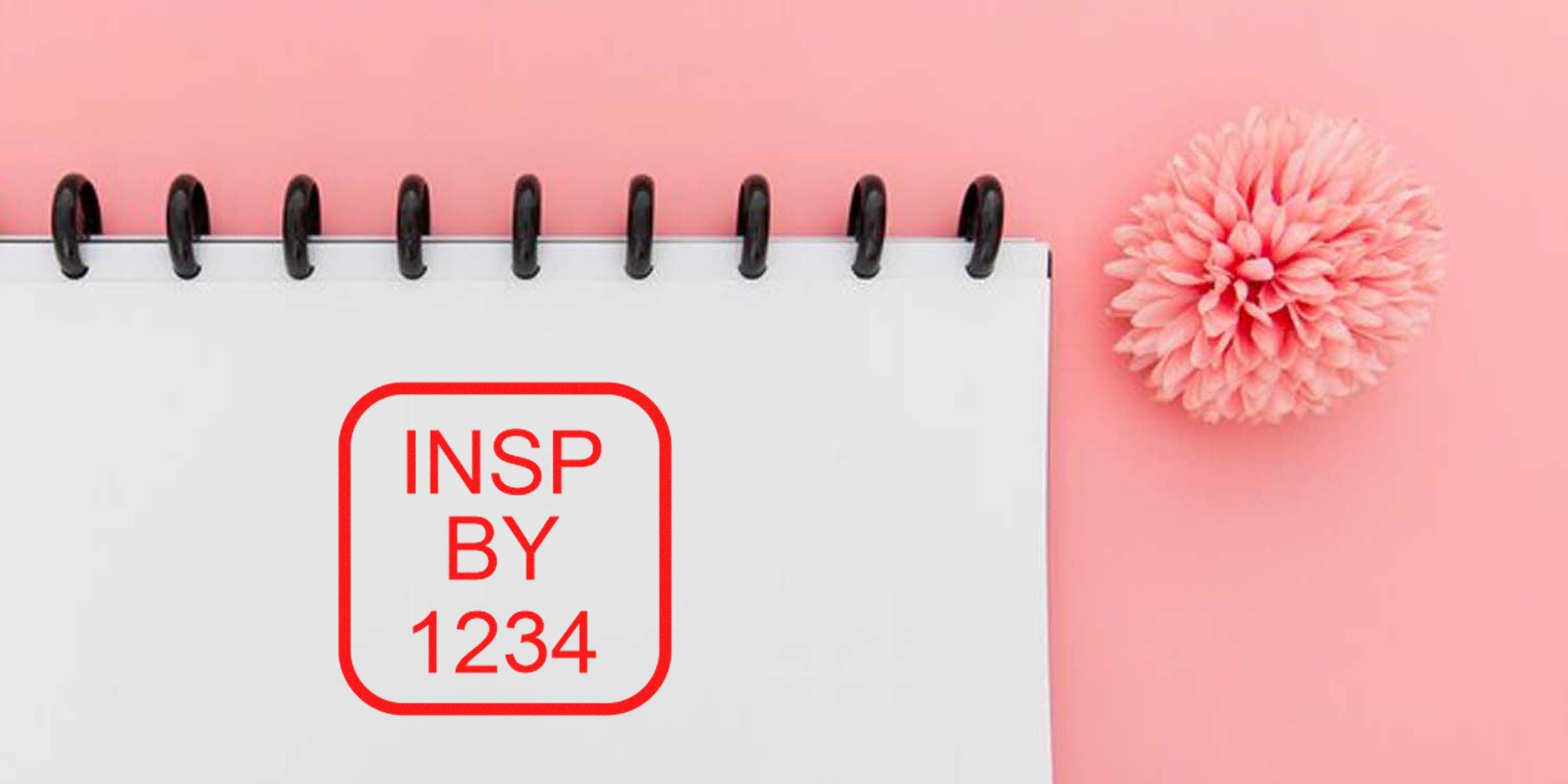 Notebook page with a red rounded-square label reading “INSP BY 1234” on a pink background.