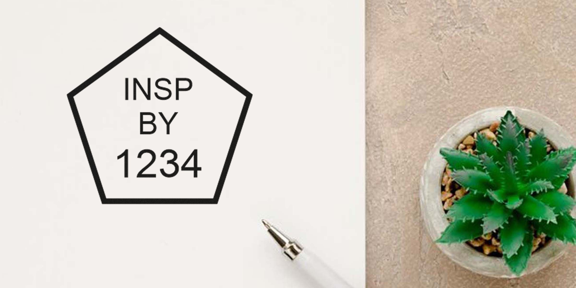 Logo with text “INSP BY 1234” inside a pentagon, a pen on a white sheet, and a potted succulent on the right.
