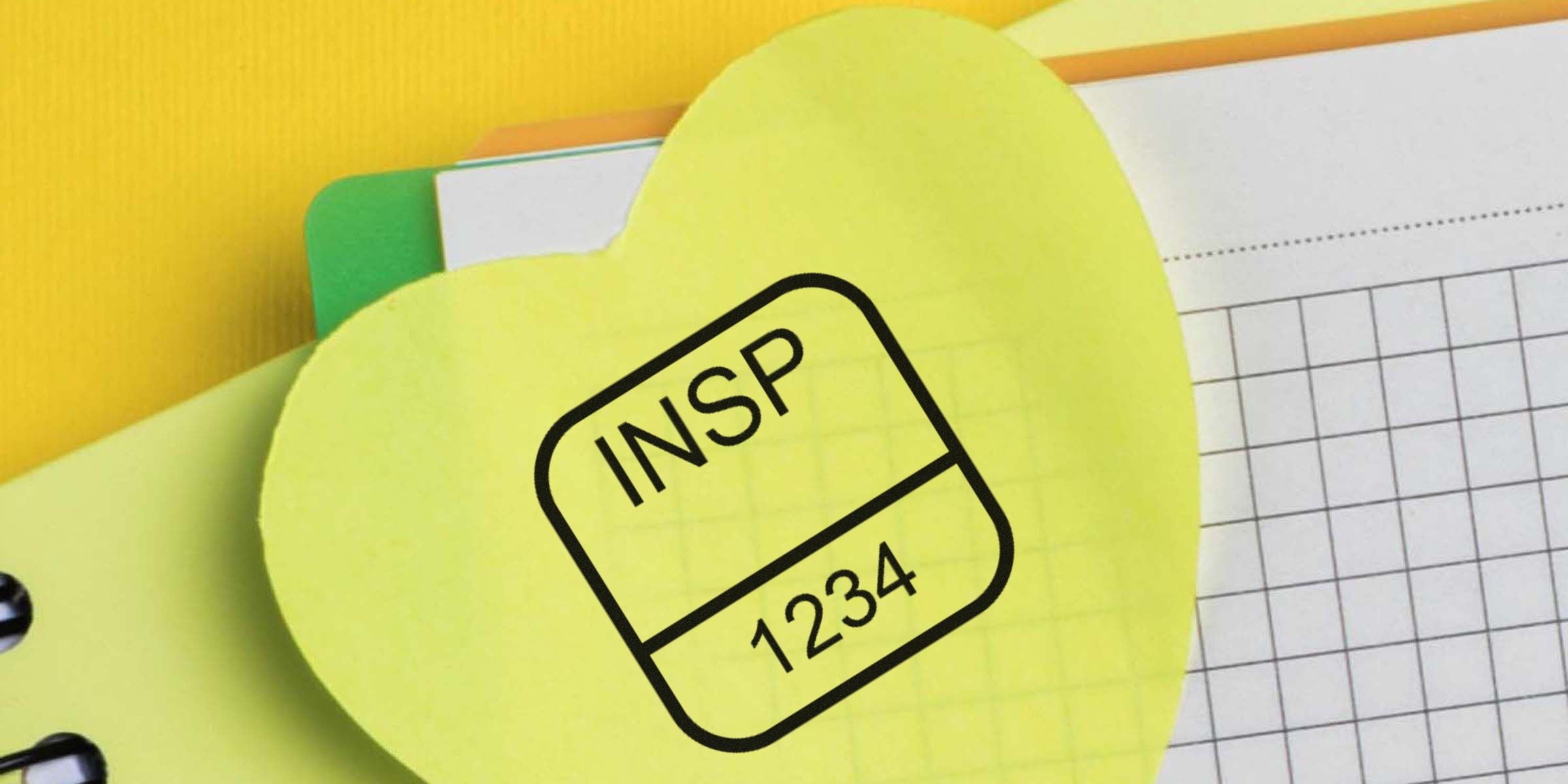 Yellow round sticky note with the words “INSP” and “1234” written inside.