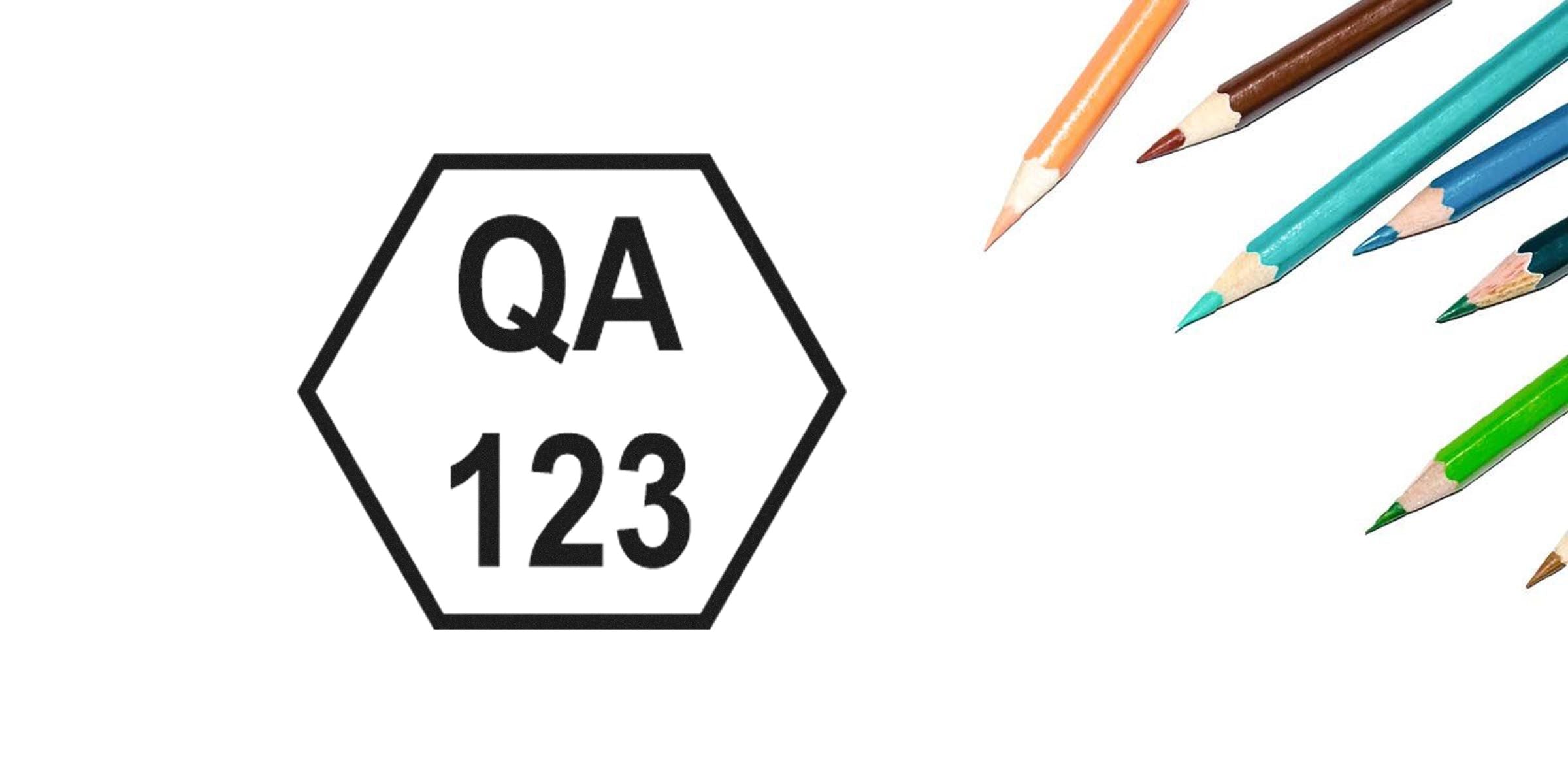 QA 123 inside a hexagon, with colored pencils on the right.