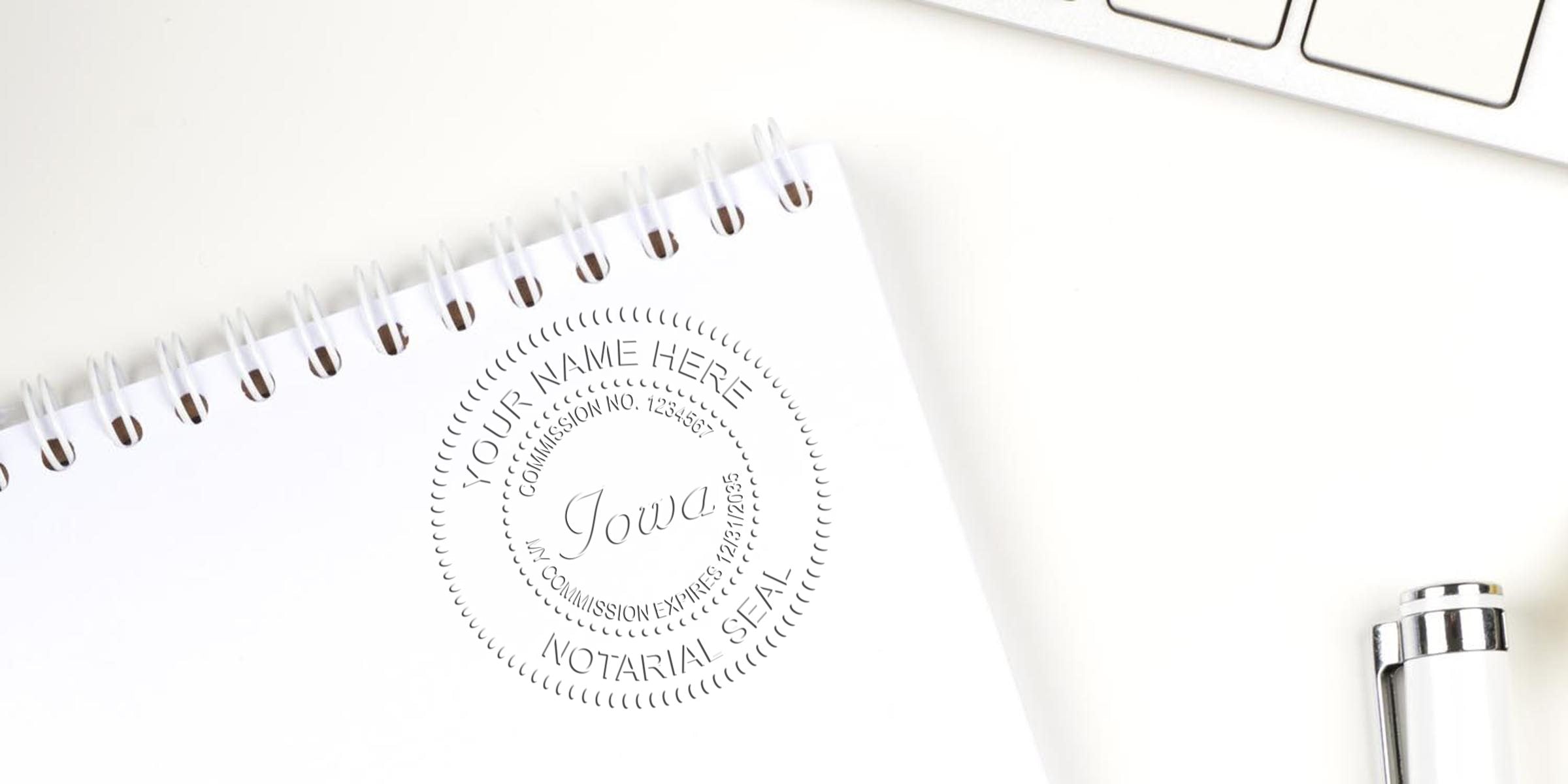 Top-down white workspace featuring a spiral notebook embossed with an "Iowa" notarial seal, silver-capped white pen and keyboard — office stationery, notary seal concept, legal documentation, notary public tools.