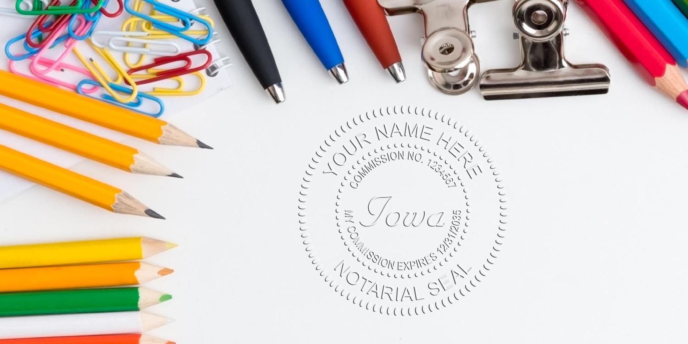 Top view of colorful pencils, colored pencils, pens, paper clips and metal binder clips arranged around a blank white sheet embossed with an Iowa notarial seal and space for a name and commission details