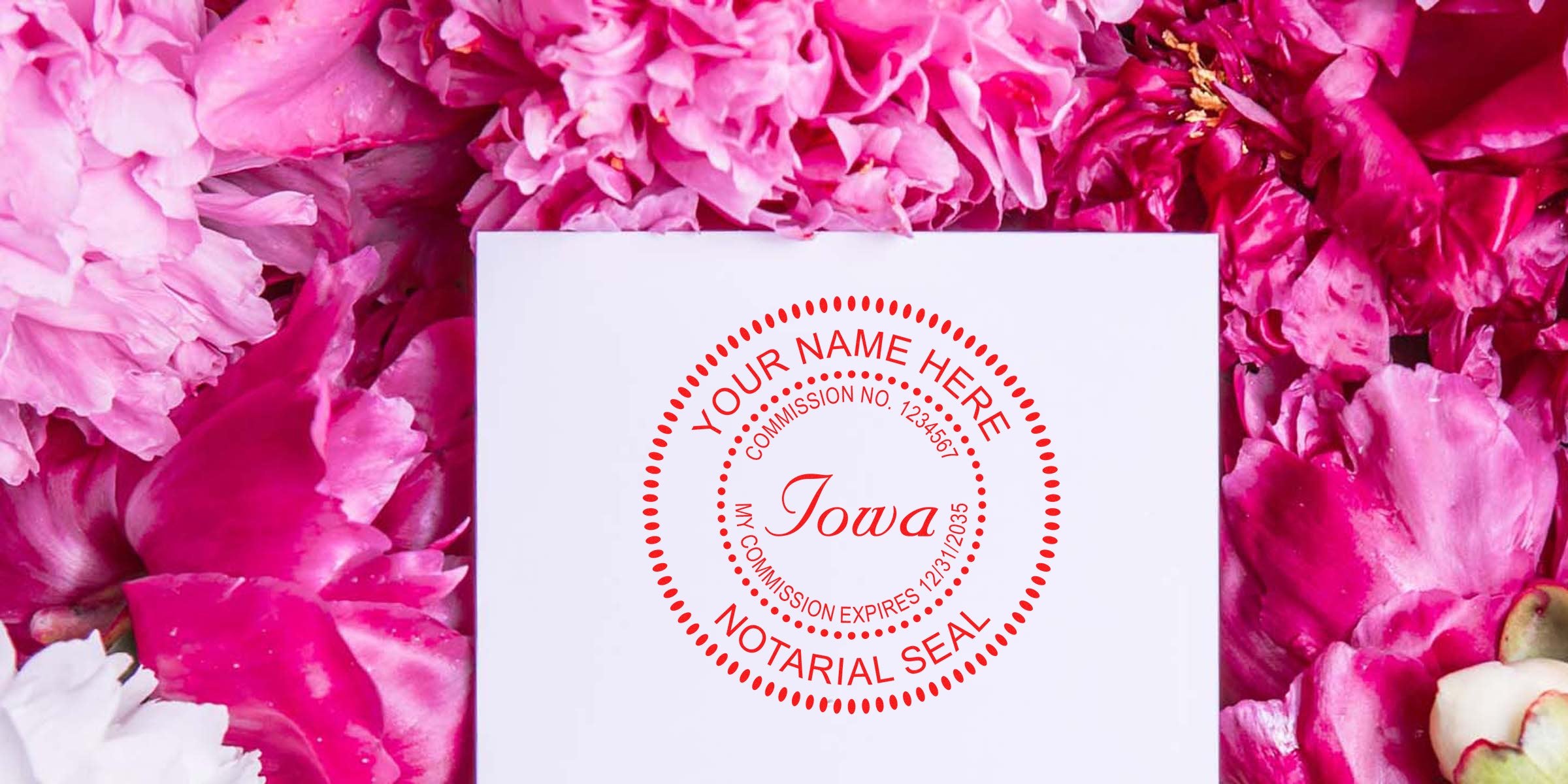 White card on a bed of pink peony petals featuring a red circular Iowa notarial seal stamp with customizable "Your Name Here" text.