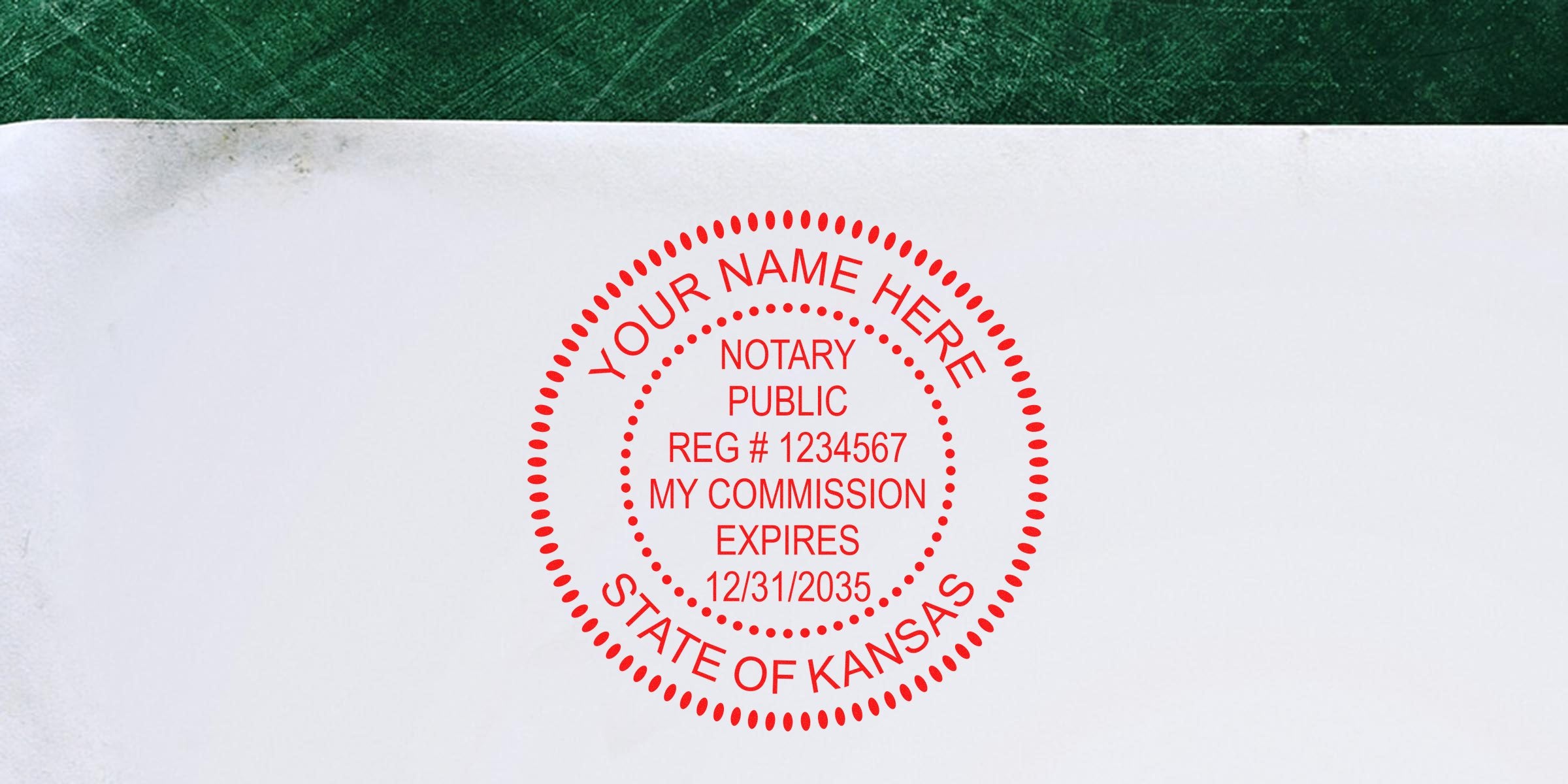 Red circular Kansas notary seal stamped on white paper with green header, reading "Notary Public," registration number and commission expiration date.