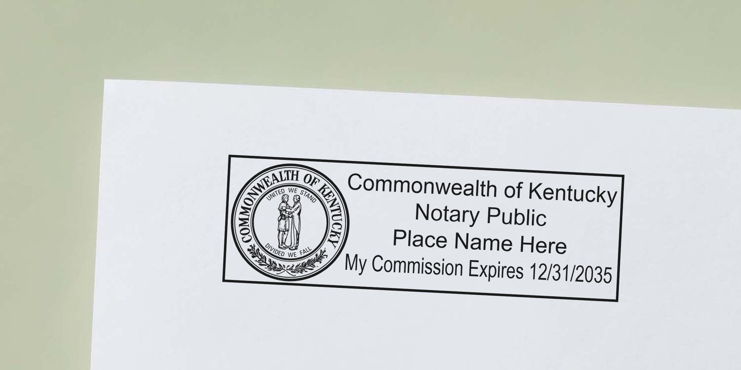 Commonwealth of Kentucky notary public stamp on white paper featuring the state seal, placeholder name text and commission expiration date 12/31/2035.