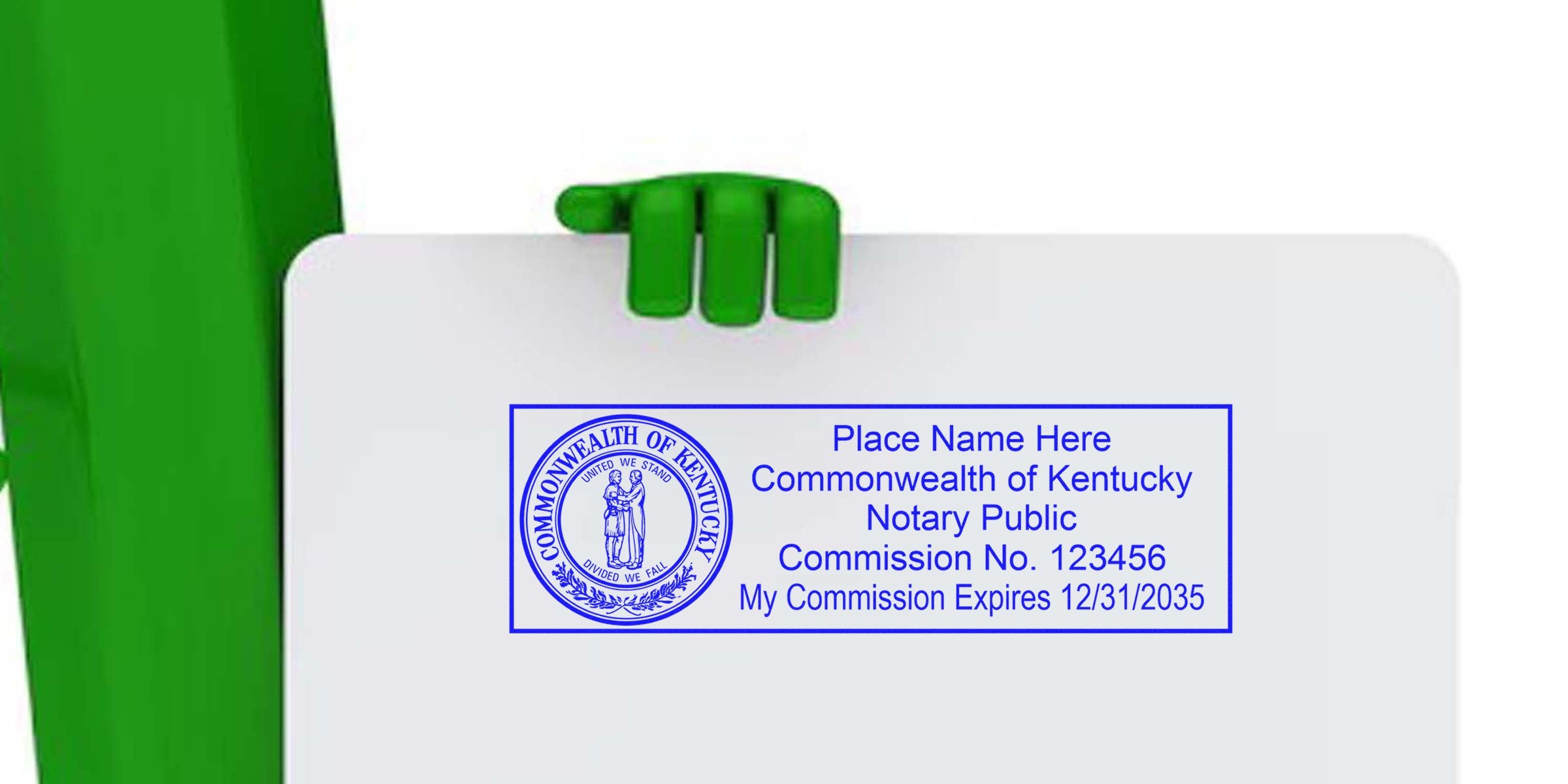 Green mascot holding white sign showing a blue Commonwealth of Kentucky notary public stamp and seal with placeholder name, commission number and commission expiration date.