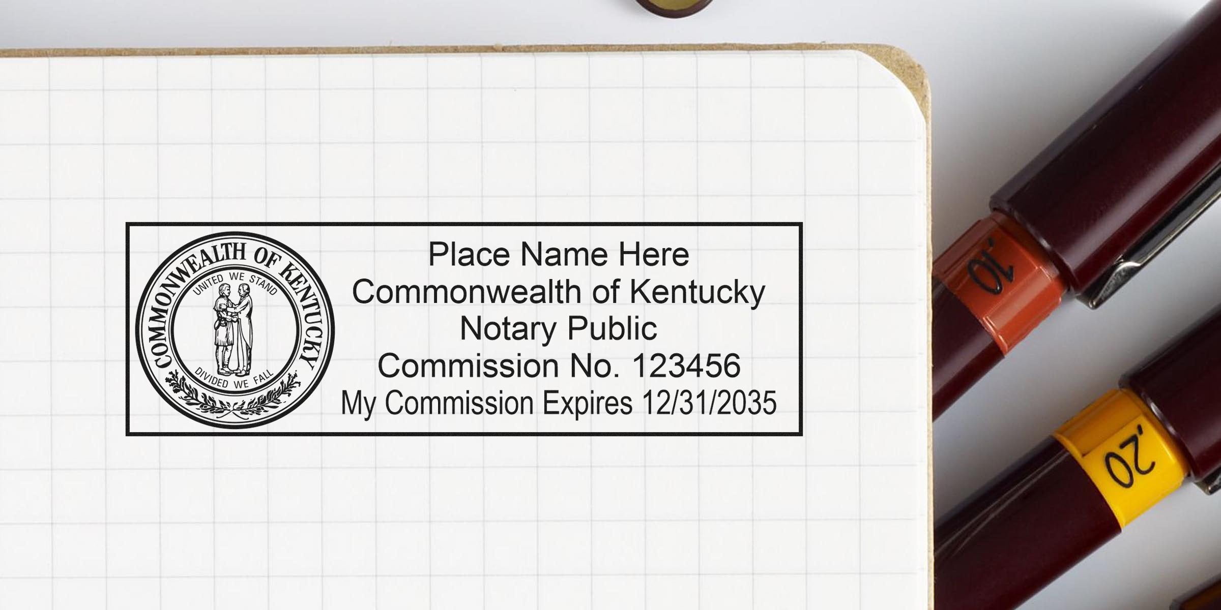 Blank Kentucky notary public stamp template on grid notebook paper showing state seal, placeholder name, commission number, expiration date, and two pens on the right.
