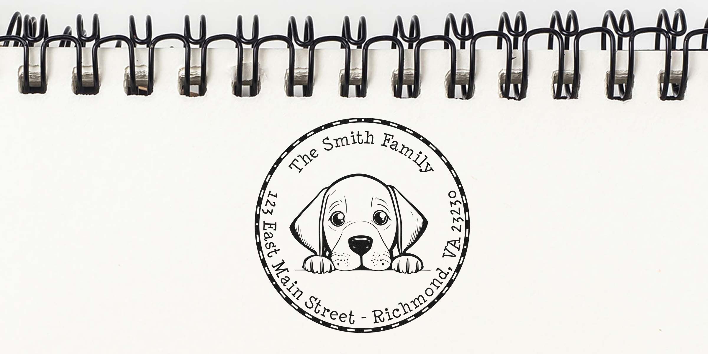 Logo of The Smith Family featuring a puppy in a circular stamp with the text “123 East Main Street, Richmond, VA 23209.”